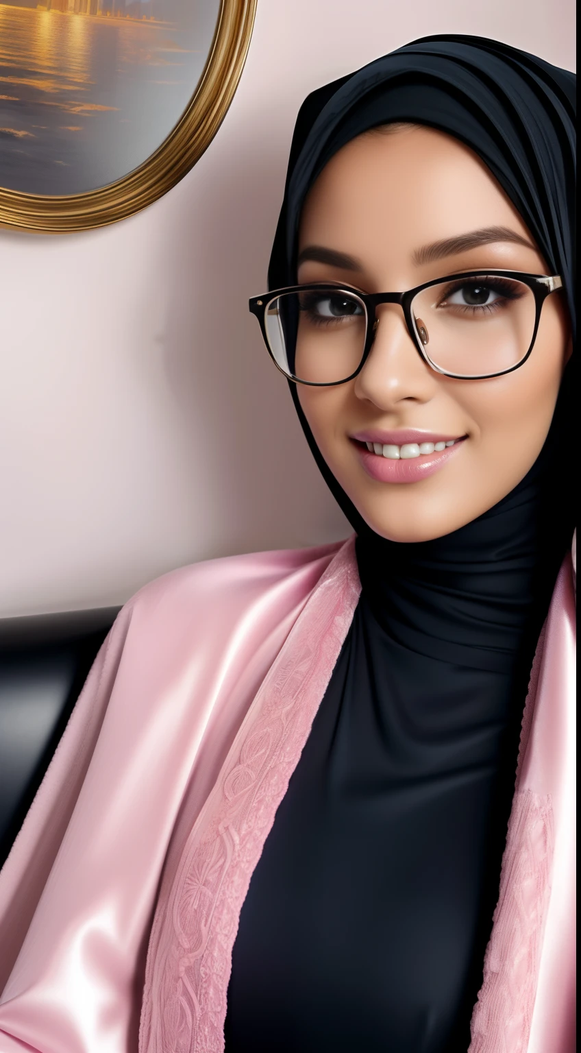 ultra realistic,16k, enhanced quality, perfect face, perfect hands, perfect body, ultra detailed,1girl, perfect hair, girl wearing glasses, perfect glasses, perfect smile, ultra realistic, ultra realistic background, ultra realistic sunset, ultra realistic clouds, wear detail luxury pink hijab, elegantly sit on luxury chair, luxury pillow), (luxury blanket), (window with luxury frame), (luxury flower vase), (luxury lamp), (luxury parfume bottle), (luxury ornament on the wall), (luxury candle), (beautifull painting on the wall), (luxury wall ornament), (detail luxury kimono), (detail luxury garter belt), (detail luxury stocking), (detail luxury high heels), (luxury crown), (show cleaveage), (detail luxury arm ornament), ultra realistic glowing butterfly, girl wearing perfect hijab, ultra realistic particles, perfect duck lips, Islamic hijab,
