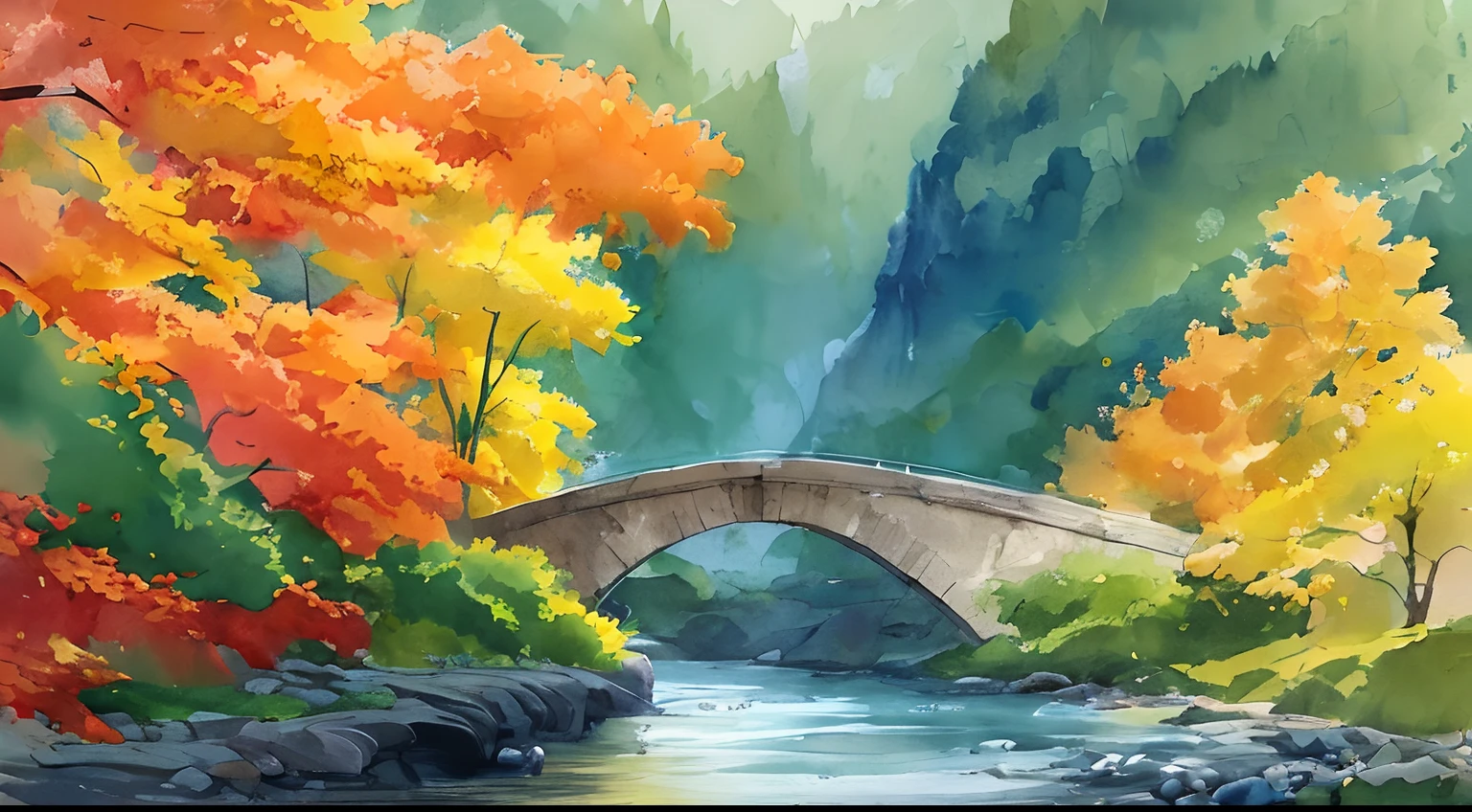 (((masterpiece))), watercolor painting, streaming water and orange trees, brush stroke, epic view, dramatic effect, best quality, high detailed, ultra high res, realistic