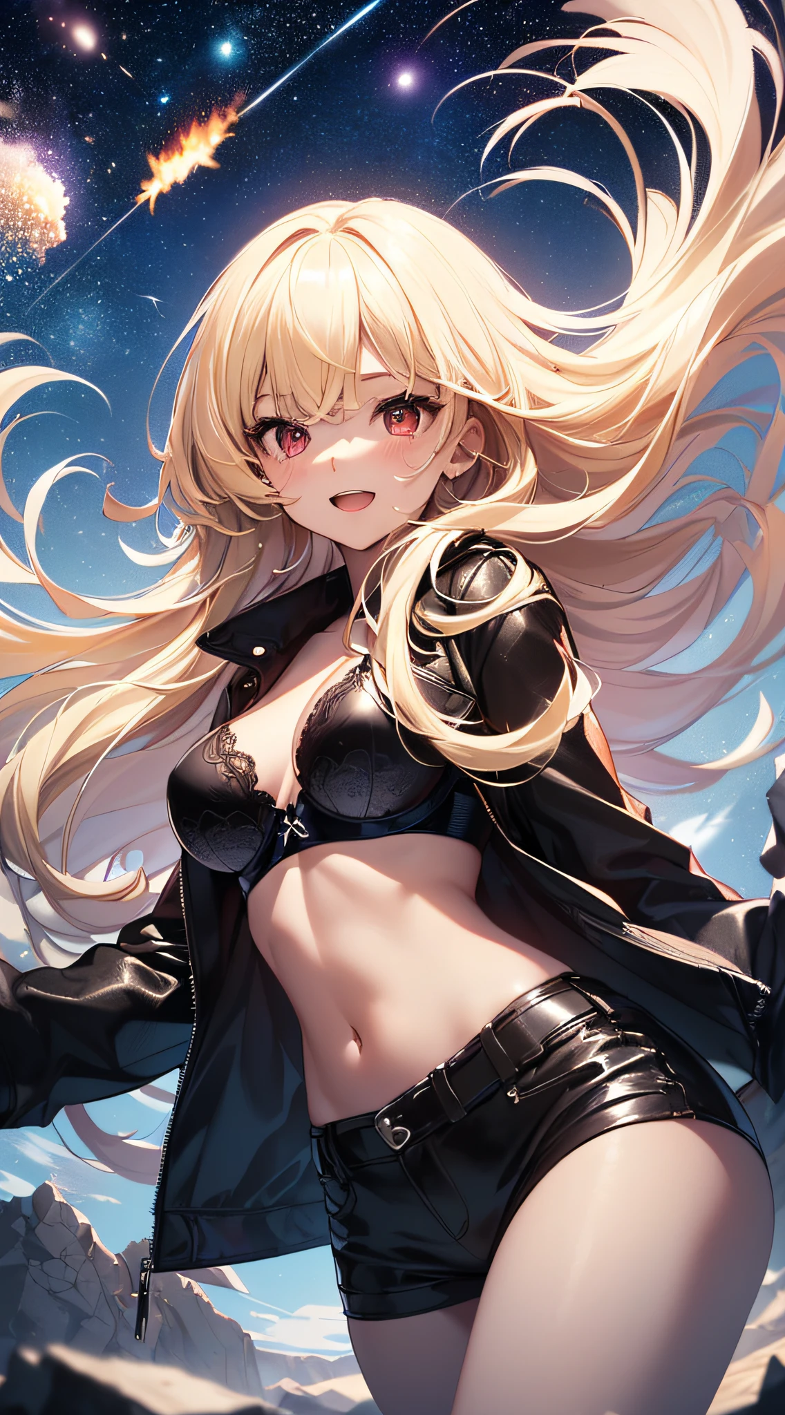 top-quality、Top image quality、​masterpiece、girl with((cute little、18year old、Best Bust、Medium bust、Bust 85,Red eyes to issue、Breasts wide open,Valley、Blonde long hair、A slender、Black leather bra、Black leather jacket、White trousers、Faces having fun、weightless、float、splatters、levitation）hiquality、Beautiful Art、Background with((sky at night、mid air、meteors)),masutepiece、Elaborate design、visualart、depth of fields、Being in the air