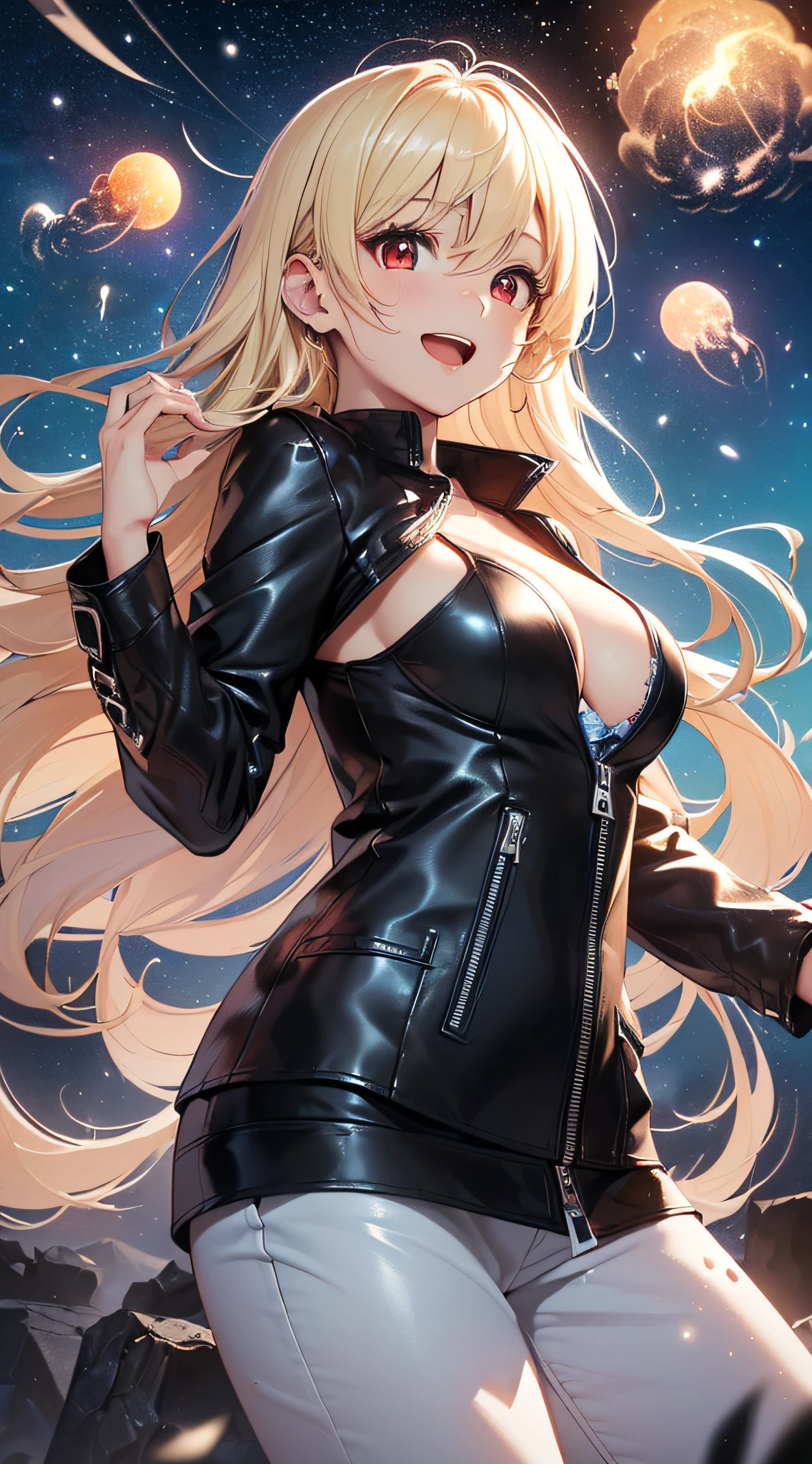 top-quality、Top image quality、masterpiece、girl with((cute little、18year old、Best Bust、Medium bust、Bust 85,Red eyes to issue、Breasts wide open,Valley、Blonde long hair、A slender、Black leather bra、Black leather jacket、White trousers、Faces having fun、weightless、float、splatters、levitation)hiquality、Beautiful Art、Background with((sky at night、mid air、meteors)),masutepiece、Elaborate design、visualart、depth of fields、Being in the air