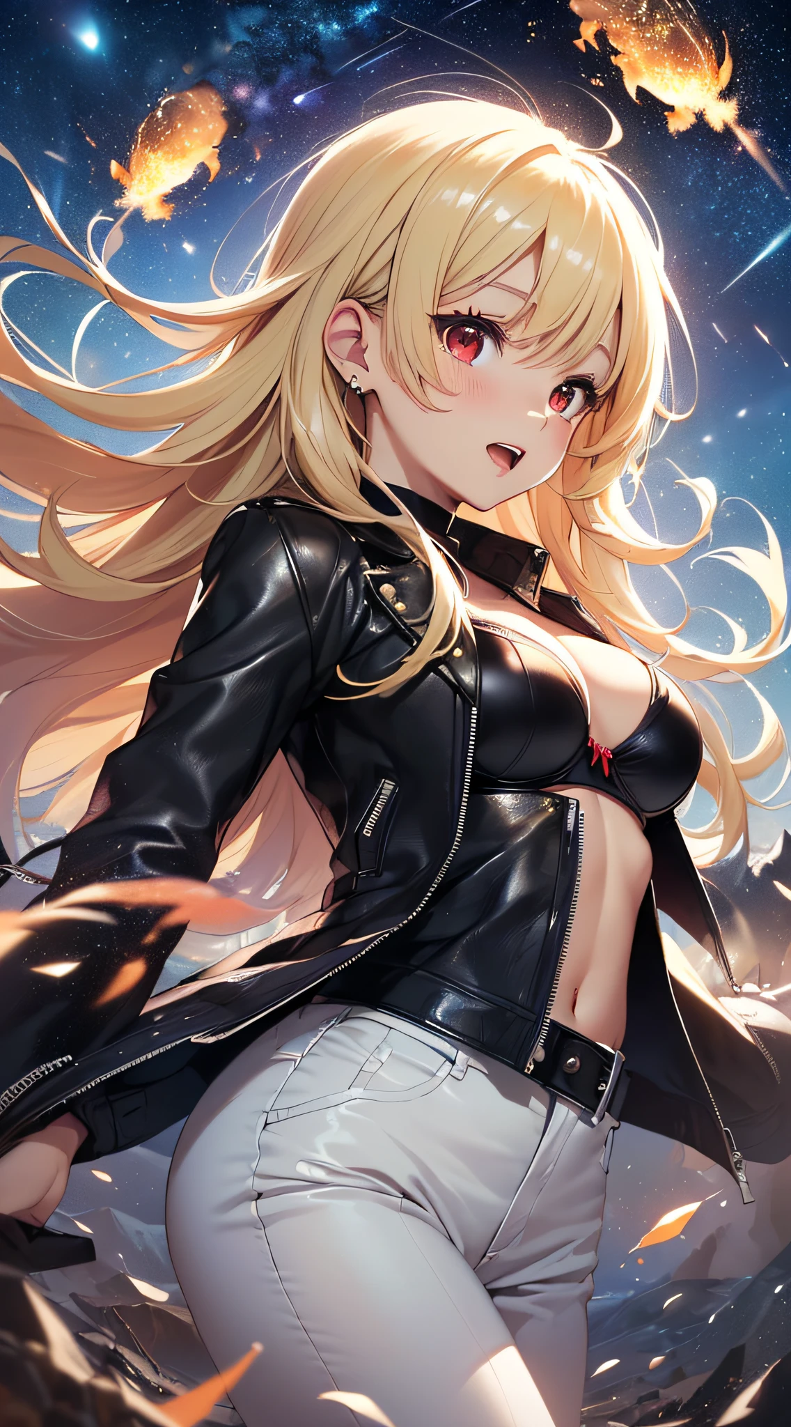 top-quality、Top image quality、​masterpiece、girl with((cute little、18year old、Best Bust、Medium bust、Bust 85,Red eyes to issue、Breasts wide open,Valley、Blonde long hair、A slender、Black leather bra、Black leather jacket、White trousers、Faces having fun、weightless、float、splatters、levitation）hiquality、Beautiful Art、Background with((sky at night、mid air、meteors)),masutepiece、Elaborate design、visualart、depth of fields、Being in the air