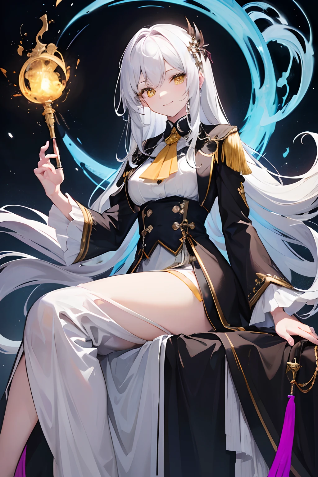 femele,One guy, About , Eyes half-open, Smiling, Long white hair, holding an cane, Yellow eyes, Gentleman's clothing,army suit, Black silk, terroral：She is a magician from another world。 She always had a smile on her face，Be kind to those around her Her long white hair hangs down her back，Dressed in a gentleman's suit，Elegance at your fingertips，Black silk tightly wrapped around the slender legs。She had a cane in her hand，The cane has purple crystals on it， Her yellow pupils reveal wisdom and spirituality