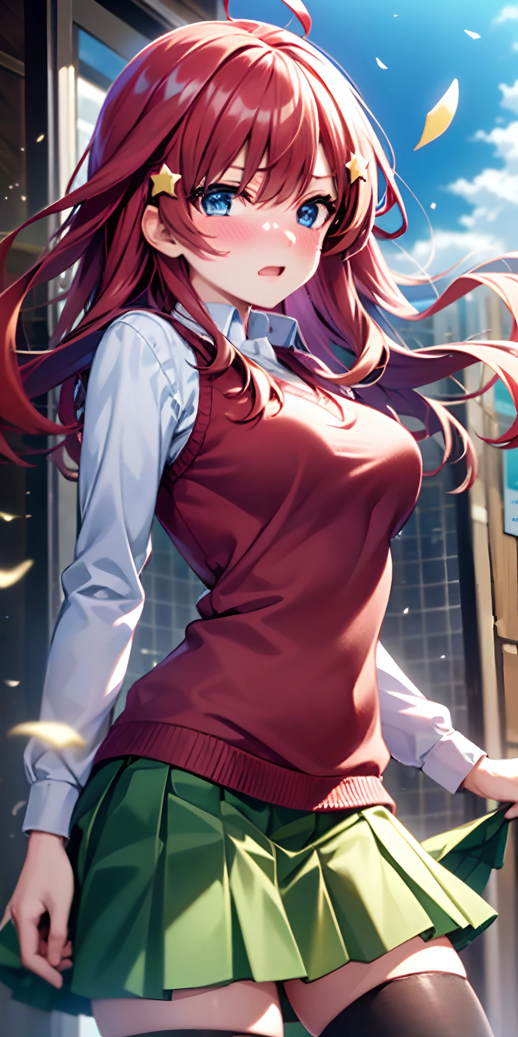 ultra-detailed, Best Quality, Anime, Highly detailed, extremely detailed CG, unity 8k wallpaper , super detailed skin, detailed , dynamic lighting , beautiful detailed eyes, Cowboy Shot, Itsuki Nakano, Red hair, Long hair, Star hair ornament, Ahoge, Red Sweater, Collared shirt, Green skirt, very short pleated miniskirt, medium breasts, Standing, School, Outdoors, embarrassed, blush,skirt lift by yourself,pigeon-toed, showing panties, floating hair, wind,