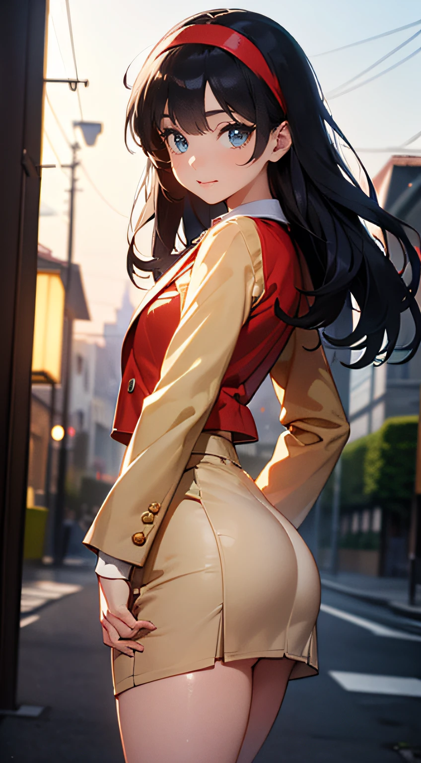 High resolution, Venice, Streets of Europe,((The long-haired:1.3)),(Black hair),Hair is straight,(Yellow headband:1.3), (Red Blazer:1.3),(Red vest:1.3),(long-sleeve:1.3),Detailed photos of beautiful women_Face, Young and handsome girl,Realistic:0.5, Perfect Skin, (hyper detailed background, Detailed background), (Very beautiful beautiful Japan woman),(Beige skirt:1.3),((small udder)),((skinny thigh)),Soft skin, High school students,Tall,Mature body,Nice big blue eyes, (High detail eyes),depth of fields),Soft light, Lens glows,looking at viewert, (drooping eyes:1.2), Straight teeth,Smile, Floating hair, Cinematic, fulcolor, 4K, 8K, professional colorgraded, Professional Photography, Soft and clear focus, Photorealistic illumination and shadowing, (Very delicate and beautiful art)1.3, Bokeh, Elegant,Effective angle,Vitality constitutes a breakthrough eyes beautiful eyes, Princess Eyes, (Big eyes:1.3), hair between eye, (slender:1.1), (thin waist: 1.15), (Detailed beautiful girl: 1.4), Parted Lip, Full makeup, (Shiny skin), ((Perfect female body)), Perfect Anatomy, Perfect proportions, Very cute and beautiful Japan actress face:1.3),,(blush:1.1), Gray background, solofocus, (Bust Up Shot:1.2), Cinematic Light, (Nostalgic night view:1.4), Vivid glow of neon,