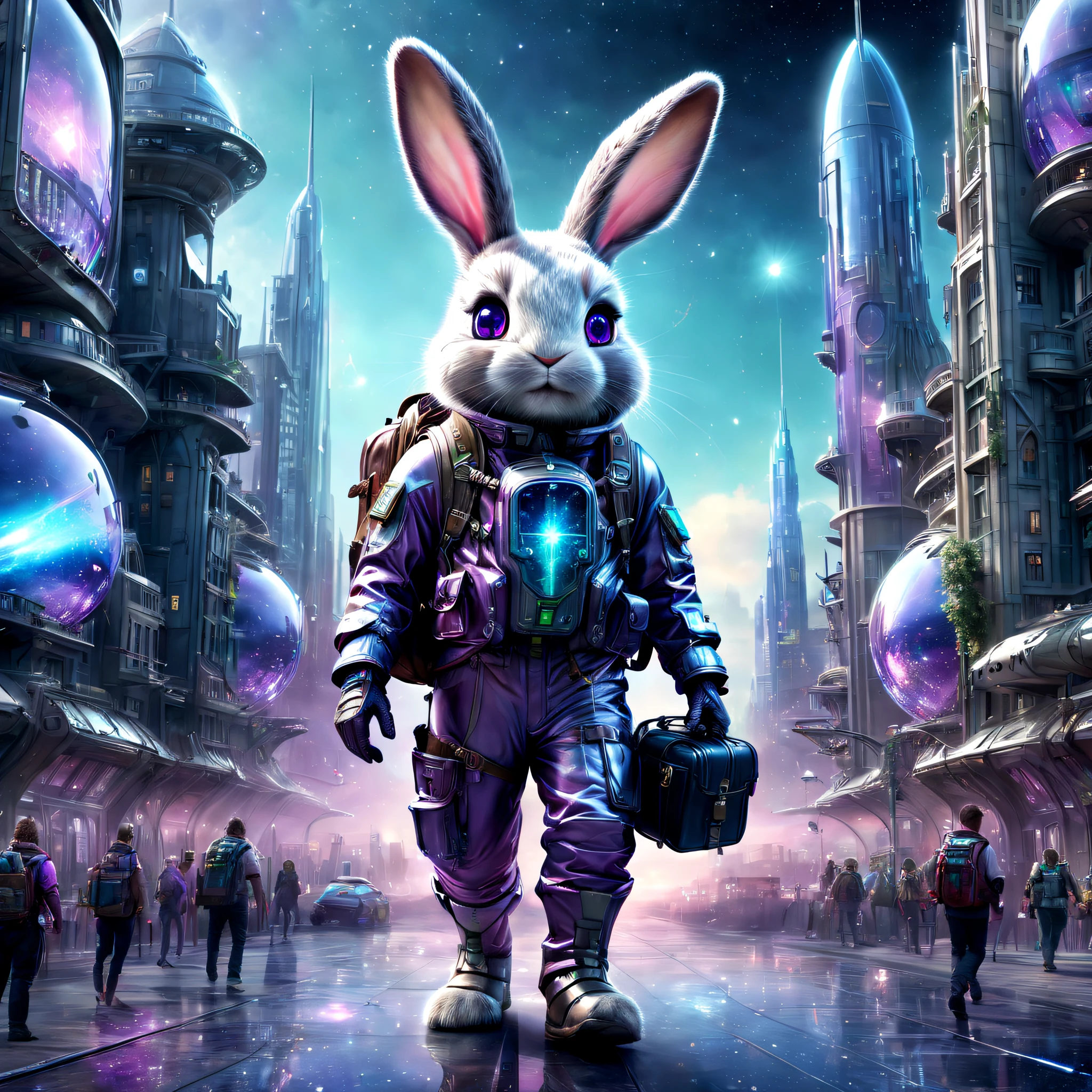 ((Best quality)), ((Masterpiece)), ((Realistic,Digital art)), (ultra - detailed),DonMC3l3st14l3xpl0r3rsXL city, An adventurous bunny in an adventurous costume, Carrying an explorer's backpack,technologies, sci-fy, Futuristic , 8K, hdr,
