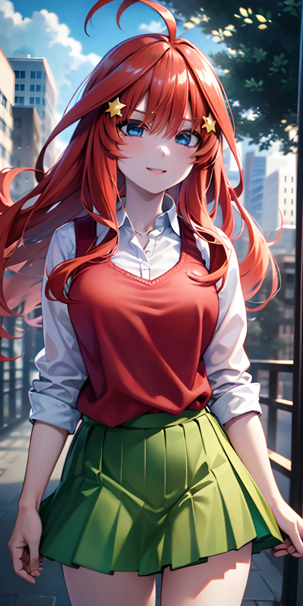 2d, Masutepiece, Best quality, anime, Highly detailed, 1girl in, only, Cowboy shot, Itsuki nakano, Red hair, Long hair, Star hair ornament, Ahoge, red sweater, Collared shirt, Green skirt, Pleated miniskirt very short, gigantic breasts, standing, school, outdoors, seductive smile, blushing, lifting skirt by yourself, pigeon toes, showing panties, floating hair, wind, big round breasts, wide hips, wide thighs