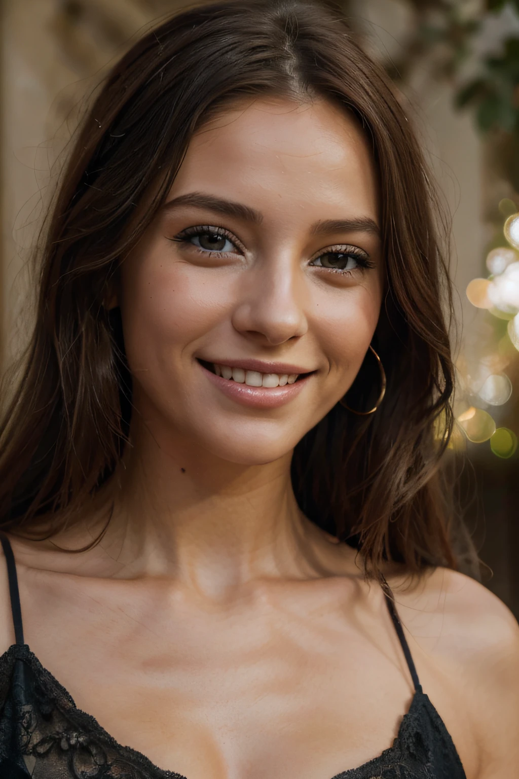 une fille souriante,beautiful detailed eyes,beautiful detailed lips,Girl with long hair and a bright smile, Highly visible teeth, dentition parfaite,Fille heureuse,Douleur moyenne:oil painting,brillant, Dazzling colours,soft natural lighting,Peaceful Garden Background,Ultra-detailed,high resolucion,portrait, plis au niveau des yeux, pliur au niveau des yeux, legere rides yeux