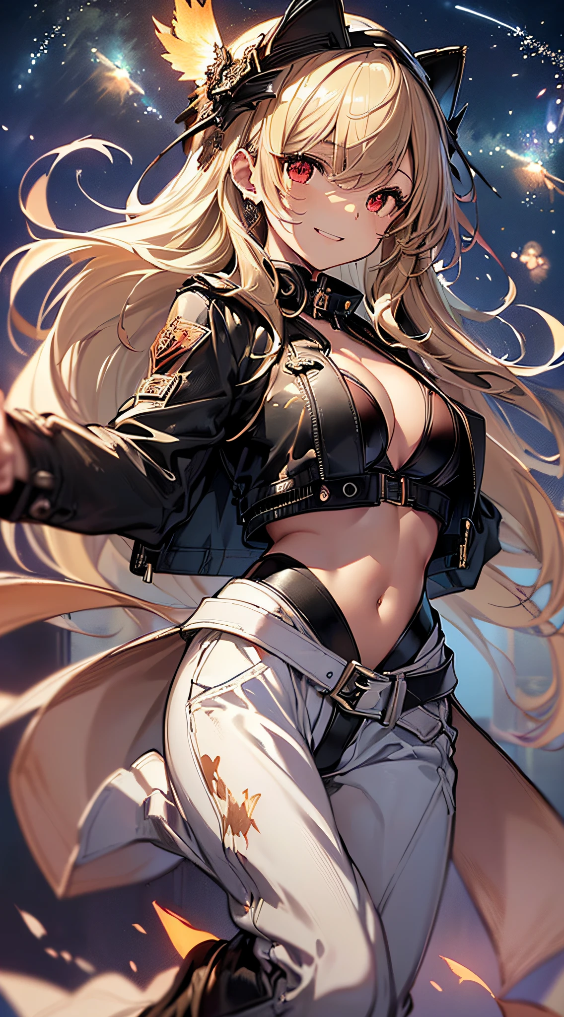 top-quality、Top image quality、masterpiece、girl with((cute little、18year old、Best Bust、Medium bust、Bust 85,Red eyes to issue、Breasts wide open,Valley、Blonde long hair、A slender、Black leather bra、Black leather jacket、White trousers、A face that looks happy、weightless、float、splatters、levitation)hiquality、Beautiful Art、Background with((sky at night、mid air、meteors)),masutepiece、Elaborate design、visualart、depth of fields、Being in the air