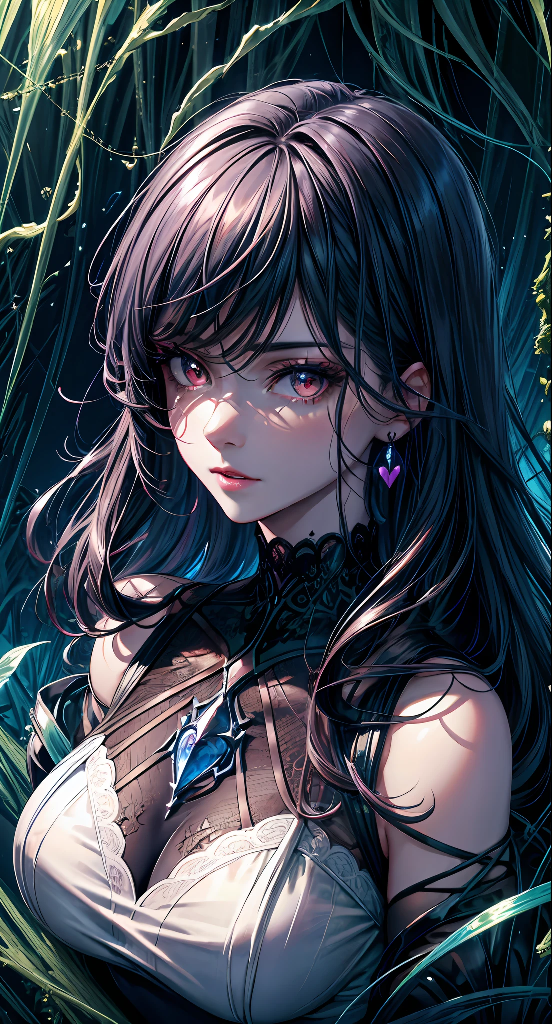 illustration, cinematic light, highres, highest quallity, ultra detailed, detailed face, (detailed eyes), best quality, hyper detailed, masterpiece, (detailed face), clean face, sexy mature woman wears transparent (torn) cloths, floating cloth, see through, choker, open cloths, nsfw, high heels, red eyes, neon tiny glowing hair ends, dark fantasy forest, glowing plants with neon details, dark magic, (portal:1.15) to the underworld in the background, light reflection, heart shaped iris, playful eyes, open shoulder, rain, (wet body), tiny glowing butterfly, hair jewery,(masterpiece), best quality, ultra-detailed, an extreme close-up of an eye, crisp details, intricate lines, vivid colors, bright highlights, dark shadows, sparkling reflections, depth of field, mesmerizing beauty.