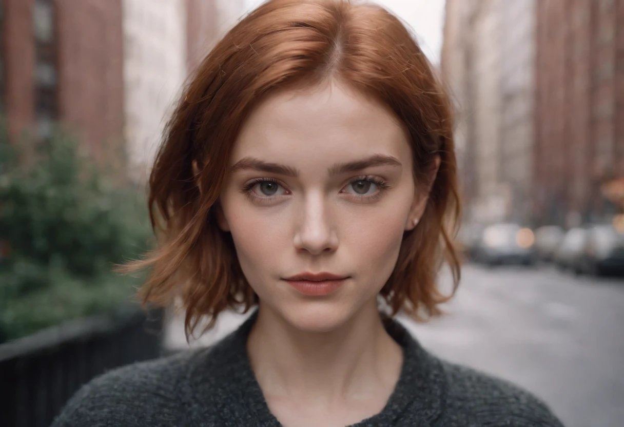 beautiful young woman, 28 year old, short messy hair, ginger hair, floppy hair, straight hair, cold, (investigative journalist:1,5), new york city, Photojournalism, 35mm, Kodak Gold 200, Depth of Field, Materiality