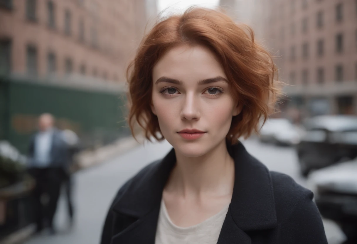 beautiful young woman, 28 year old, short messy hair, ginger hair, floppy hair, straight hair, cold, (investigative journalist:1,5), new york city, Photojournalism, 35mm, Kodak Gold 200, Depth of Field, Materiality