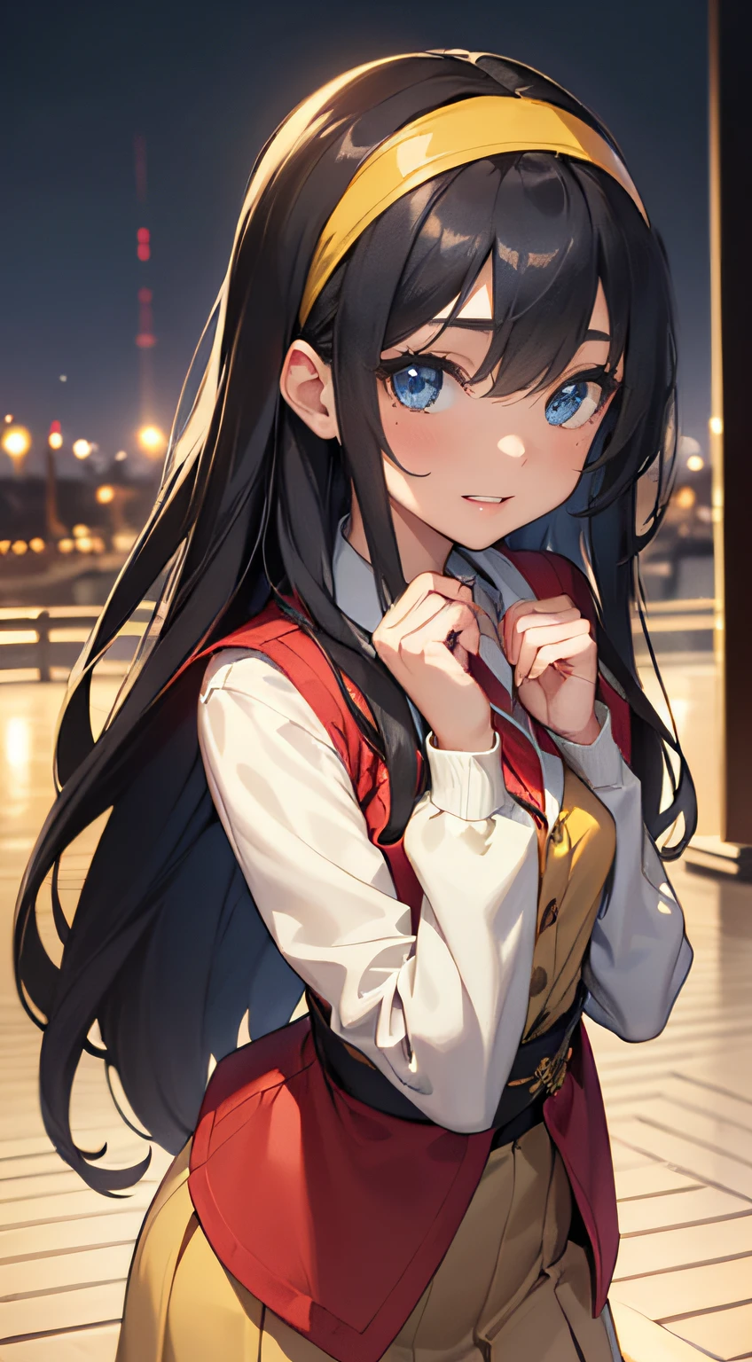 High resolution, Venice, Streets of Europe,((The long-haired:1.3)),(Black hair),Hair is straight,(Yellow headband:1.3), (Red Blazer:1.3),(Red vest:1.3),(long-sleeve:1.3),Detailed photos of beautiful women_Face, Young and handsome girl,Realistic:0.5, Perfect Skin, (hyper detailed background, Detailed background), (Very beautiful beautiful Japan woman),(Beige skirt:1.3),((small udder)),((skinny thigh)),Soft skin, High school students,Tall,Mature body,Nice big blue eyes, (High detail eyes),depth of fields),Soft light, Lens glows,looking at viewert, (drooping eyes:1.2), Straight teeth,Smile, Floating hair, Cinematic, fulcolor, 4K, 8K, professional colorgraded, Professional Photography, Soft and clear focus, Photorealistic illumination and shadowing, (Very delicate and beautiful art)1.3, Bokeh, Elegant,Effective angle,Vitality constitutes a breakthrough eyes beautiful eyes, Princess Eyes, (Big eyes:1.3), hair between eye, (slender:1.1), (thin waist: 1.15), (Detailed beautiful girl: 1.4), Parted Lip, Full makeup, (Shiny skin), ((Perfect female body)), Perfect ???????, Perfect proportions, Very cute and beautiful Japan actress face:1.3),,(blush:1.1), Gray background, solofocus, (Bust Up Shot:1.2), Cinematic Light, (Nostalgic night view:1.4), Vivid glow of neon,