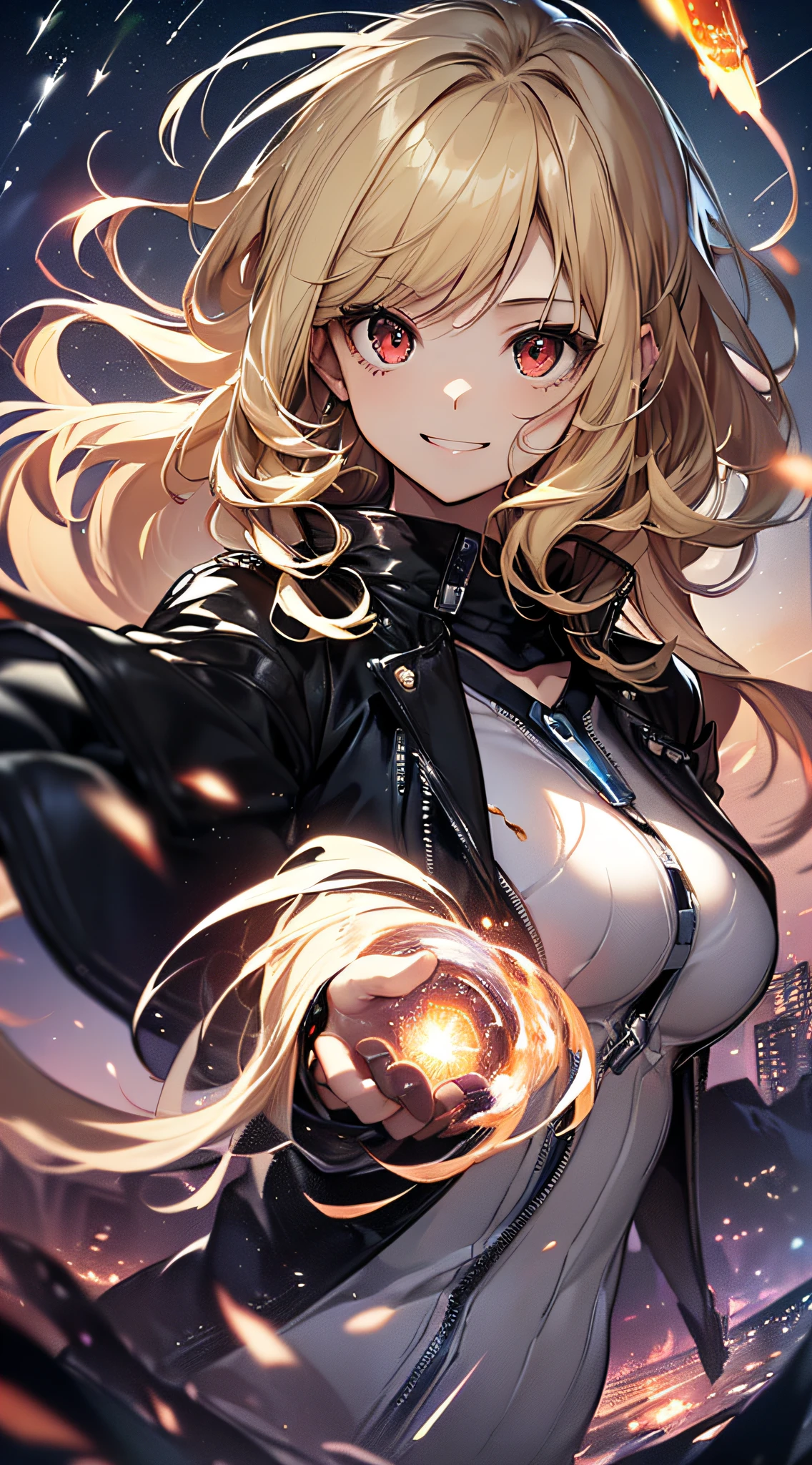 top-quality、Top image quality、​masterpiece、girl with((cute little、18year old、Best Bust、Medium bust、Bust 85,Red eyes to issue、Breasts wide open,Valley、Blonde long hair、A slender、Black leather bra、Black leather jacket、White trousers、A face that looks happy、weightless、float、splatters、levitation）hiquality、Beautiful Art、Background with((sky at night、mid air、meteors)),masutepiece、Elaborate design、visualart、depth of fields、Being in the air