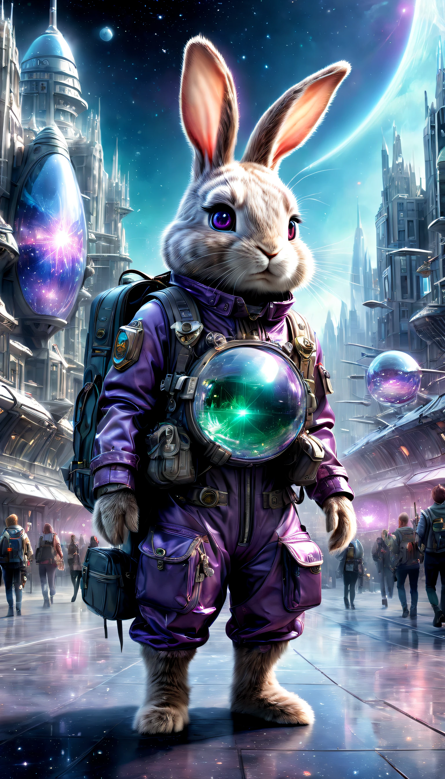 ((Best quality)), ((Masterpiece)), ((Realistic,Digital art)), (ultra - detailed),DonMC3l3st14l3xpl0r3rsXL city, An adventurous bunny in an adventurous costume, Carrying an explorer's backpack,technologies, sci-fy, Futuristic , 8K, hdr,