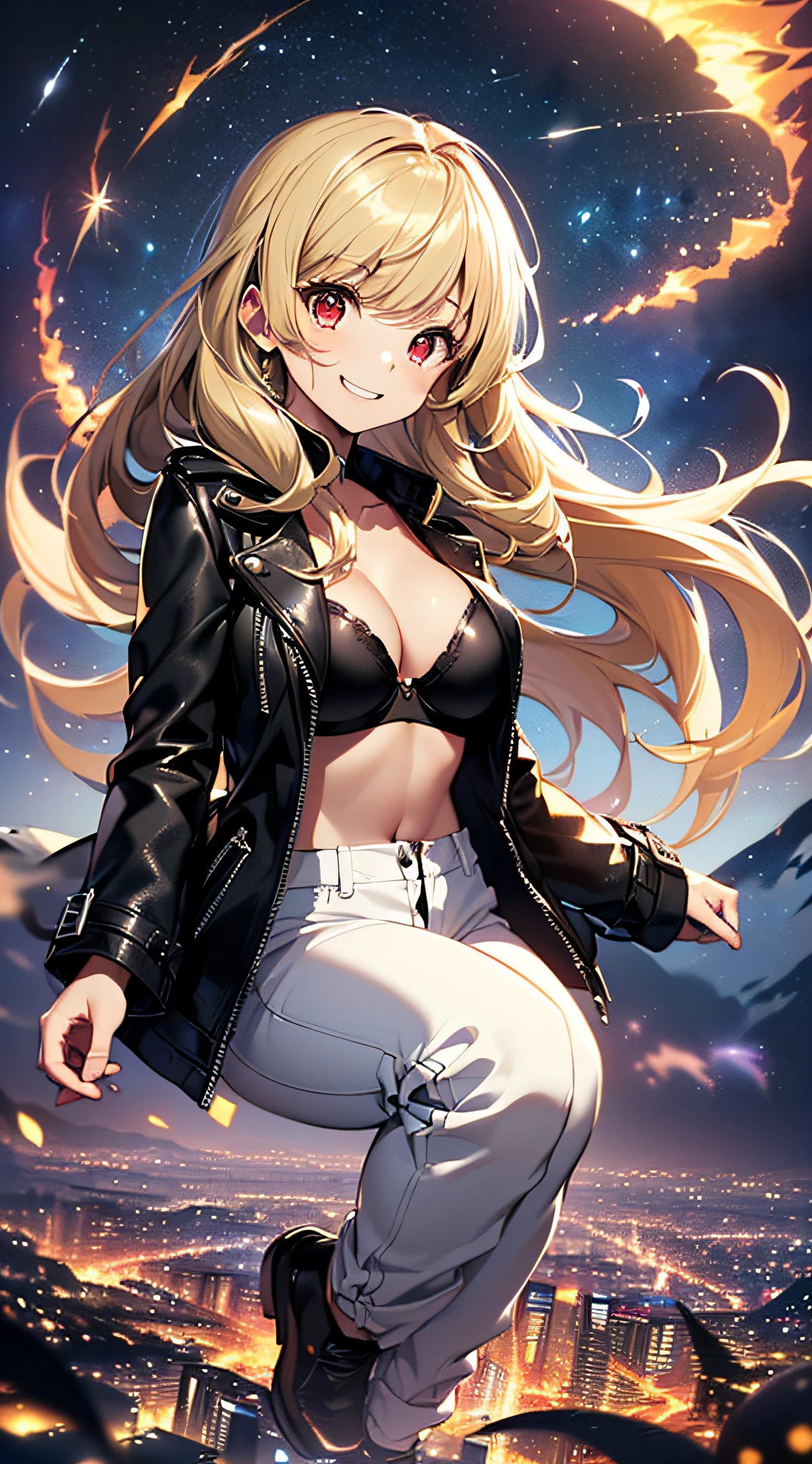 top-quality、Top image quality、masterpiece、girl with((cute little、18year old、Best Bust、Medium bust、Bust 85,Red eyes to issue、Breasts wide open,Valley、Blonde long hair、A slender、Black leather bra、Black leather jacket、White trousers、A face that looks happy、weightless、float、splatters、levitation)hiquality、Beautiful Art、Background with((sky at night、mid air、meteors)),masutepiece、Elaborate design、visualart、depth of fields、Being in the air