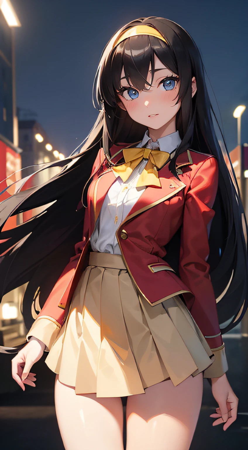 High resolution, Venice, Streets of Europe,((The long-haired:1.3)),(Black hair),Hair is straight,(Yellow headband:1.3), (Red Blazer:1.3),(Red vest:1.3),(long-sleeve:1.3),Detailed photos of beautiful women_Face, Young and handsome girl,Realistic:0.5, Perfect Skin, (hyper detailed background, Detailed background), (Very beautiful beautiful Japan woman),(Beige skirt:1.3),((small udder)),((skinny thigh)),Soft skin, High school students,Tall,Mature body,Nice big blue eyes, (High detail eyes),depth of fields),Soft light, Lens glows，looking at viewert, (drooping eyes:1.2), Straight teeth,Smile, Floating hair, Cinematic, fulcolor, 4K, 8K,  professional colorgraded, Professional Photography, Soft and clear focus, Photorealistic illumination and shadowing, (Very delicate and beautiful art)1.3, Bokeh, Elegant,Effective angle,Vitality constitutes a breakthrough eyes beautiful eyes, Princess Eyes, (Big eyes:1.3), hair between eye, (slender:1.1), (thin waist: 1.15), (Detailed beautiful girl: 1.4), Parted Lip, Full makeup, (Shiny skin), ((Perfect female body)),  Perfect Anatomy, Perfect proportions, Very cute and beautiful Japan actress face:1.3),,(blush:1.1), Gray background, solofocus, (Bust Up Shot:1.2), Cinematic Light, (Nostalgic night view:1.4), Vivid glow of neon,