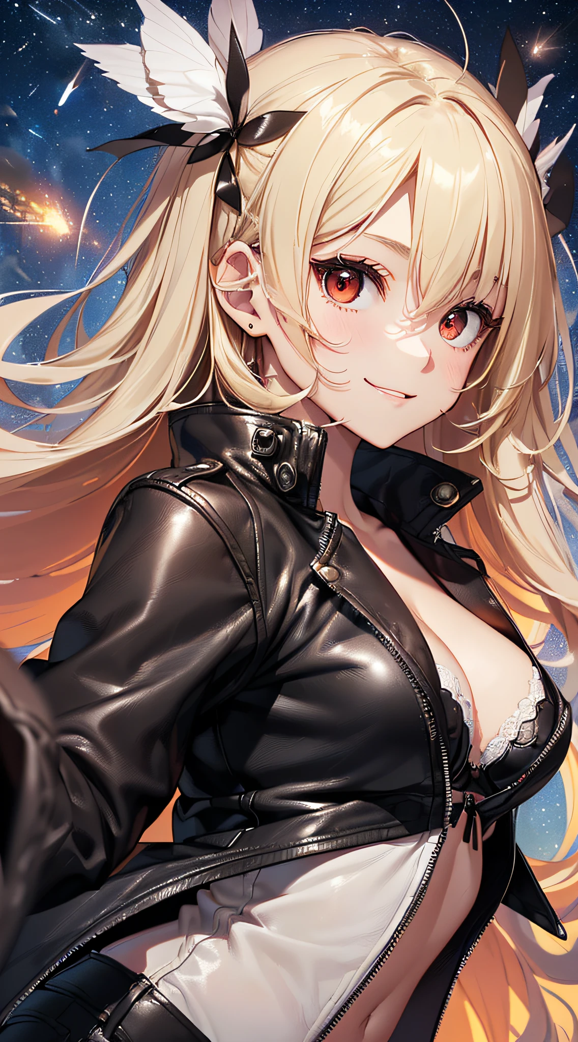top-quality、Top image quality、masterpiece、girl with((cute little、18year old、Best Bust、Medium bust、Bust 85,Red eyes to issue、Breasts wide open,Valley、Blonde long hair、A slender、Black leather bra、Black leather jacket、White trousers、A face that looks happy、weightless、float、splatters、levitation)hiquality、Beautiful Art、Background with((sky at night、mid air、meteors)),masutepiece、Elaborate design、visualart、depth of fields、Being in the air