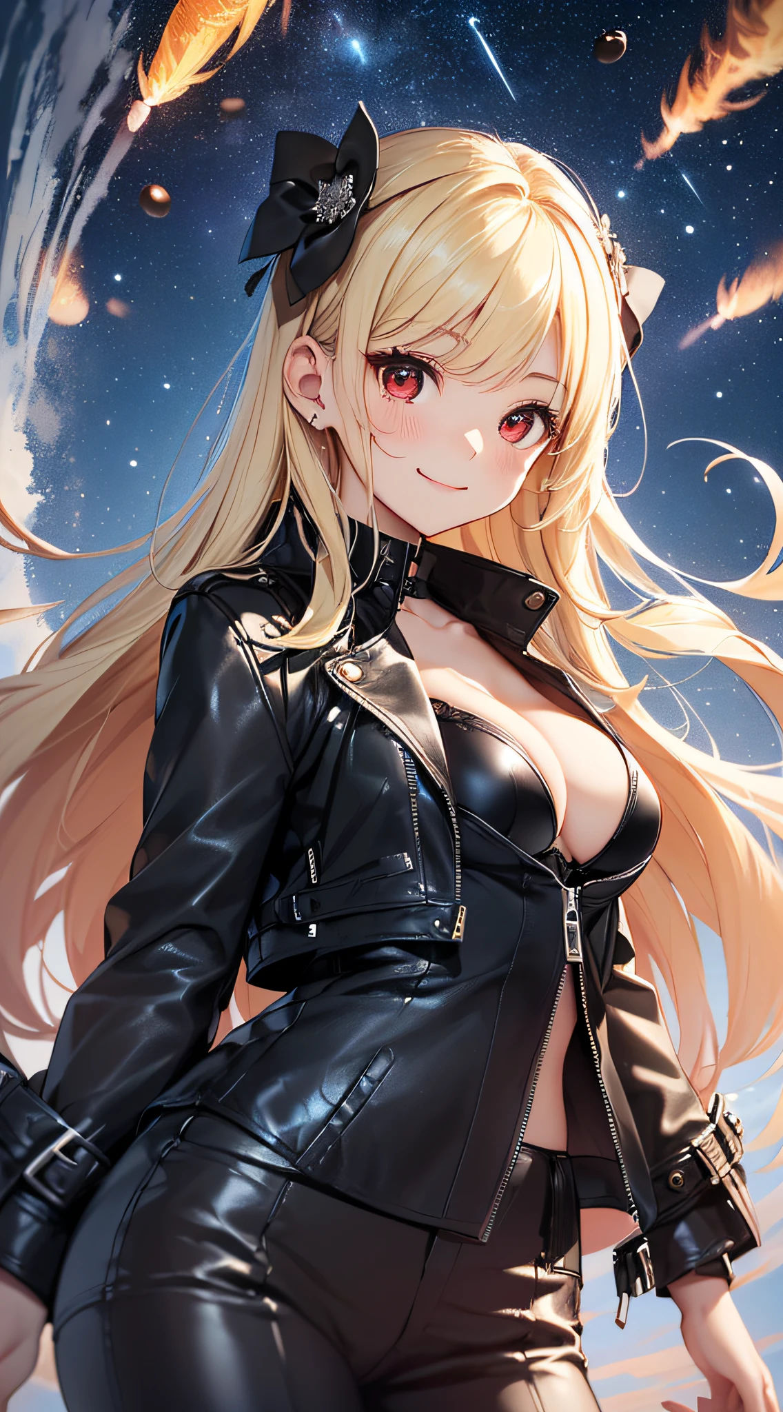top-quality、Top image quality、masterpiece、girl with((cute little、18year old、Best Bust、Medium bust、Bust 85,Red eyes to issue、Breasts wide open,Valley、Blonde long hair、A slender、Black leather bra、Black leather jacket、White trousers、A face that looks happy、weightless、float、splatters、levitation)hiquality、Beautiful Art、Background with((sky at night、mid air、meteors)),masutepiece、Elaborate design、visualart、depth of fields、Being in the air