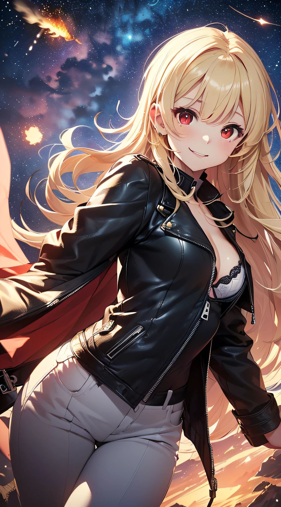 top-quality、Top image quality、masterpiece、girl with((cute little、18year old、Best Bust、Medium bust、Bust 85,Red eyes to issue、Breasts wide open,Valley、Blonde long hair、A slender、Black leather bra、Black leather jacket、White trousers、A face that looks happy、weightless、float、splatters、levitation)hiquality、Beautiful Art、Background with((sky at night、mid air、meteors)),masutepiece、Elaborate design、visualart、depth of fields、Being in the air