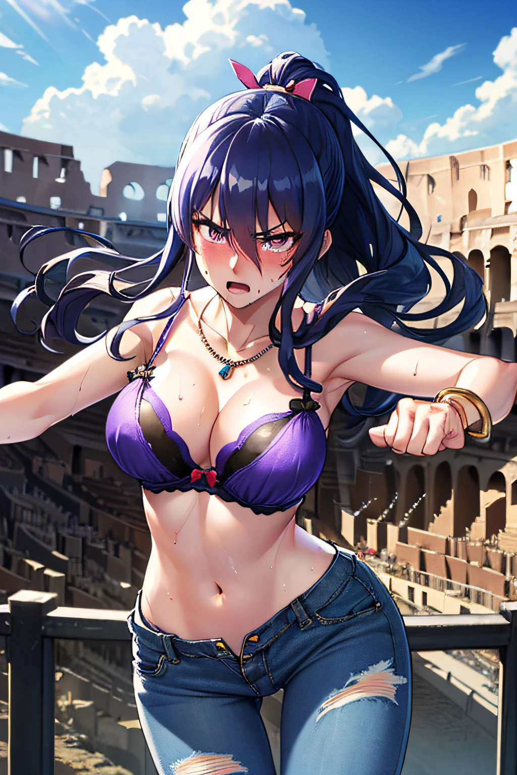 rinko,large breasts,see through nipples, Gorgeous wavy hair,Soft tendril hair,long hair, ponytail,blue hair, hair between eyes, sidelocks, purple eyes,(delicate embellishments Gorgeous bra:1.2),navel,(low-rise damaged short denim pant:1.3),no panties,(sweat gleaming skin:1.1), outdoors,sunlight, spotlight effect,bright sky, blue sky with clouds,strong wind, (colosseum),(highres, high quality:1.1), intricate details, cinematic lighting, 1girl,(red blush,angry),(Gorgeous Necklace,jewelry, bracelet),(dynamic fighting pose:1.2),dynamic angle,