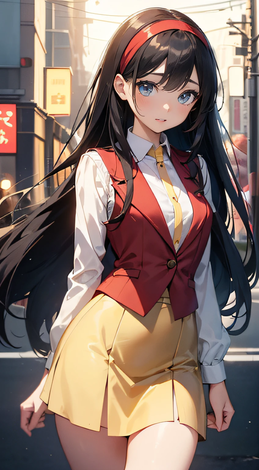 High resolution, Venice, Streets of Europe,((The long-haired:1.3)),(Black hair),Hair is straight,(Yellow headband:1.3), (Red Blazer:1.3),(Red vest:1.3),(long-sleeve:1.3),Detailed photos of beautiful women_Face, Young and handsome girl,Realistic:0.5, Perfect Skin, (hyper detailed background, Detailed background), (Very beautiful beautiful Japan woman),(Beige skirt:1.3),((small udder)),((skinny thigh)),Soft skin, High school students,Tall,Mature body,Nice big blue eyes, (High detail eyes),depth of fields),Soft light, Lens glows，looking at viewert, (drooping eyes:1.2), Straight teeth,Smile, Floating hair, Cinematic, fulcolor, 4K, 8K,  professional colorgraded, Professional Photography, Soft and clear focus, Photorealistic illumination and shadowing, (Very delicate and beautiful art)1.3, Bokeh, Elegant,Effective angle,Vitality constitutes a breakthrough eyes beautiful eyes, Princess Eyes, (Big eyes:1.3), hair between eye, (slender:1.1), (thin waist: 1.15), (Detailed beautiful girl: 1.4), Parted Lip, Full makeup, (Shiny skin), ((Perfect female body)),  Perfect Anatomy, Perfect proportions, Very cute and beautiful Japan actress face:1.3),,(blush:1.1), Gray background, solofocus, (Bust Up Shot:1.2), Cinematic Light, (Nostalgic night view:1.4), Vivid glow of neon,