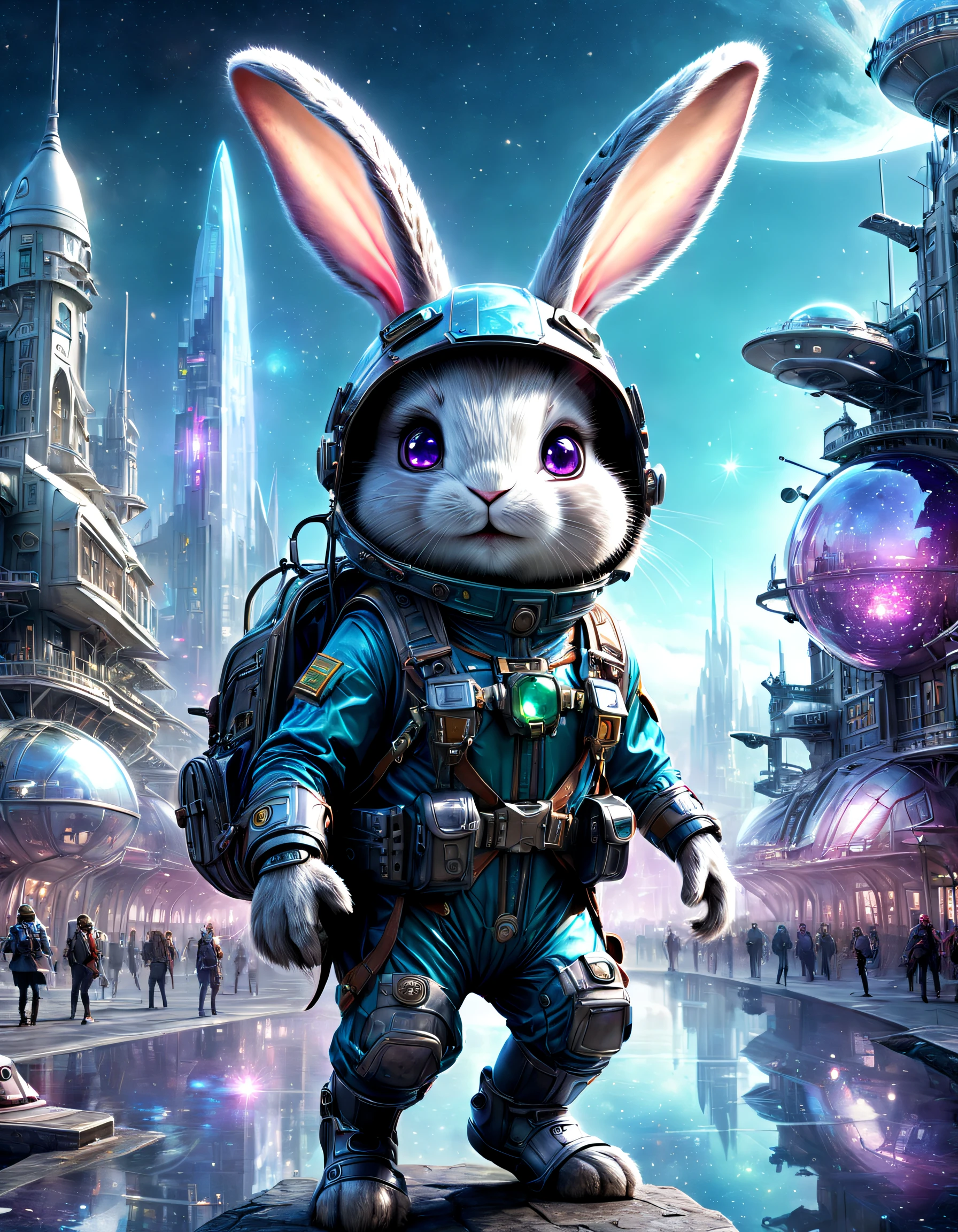 ((Best quality)), ((Masterpiece)), ((Realistic,Digital art)), (ultra - detailed),DonMC3l3st14l3xpl0r3rsXL city, An adventurous bunny in an adventurous costume, Carrying an explorer's backpack,technologies, sci-fy, Futuristic , 8K, hdr,