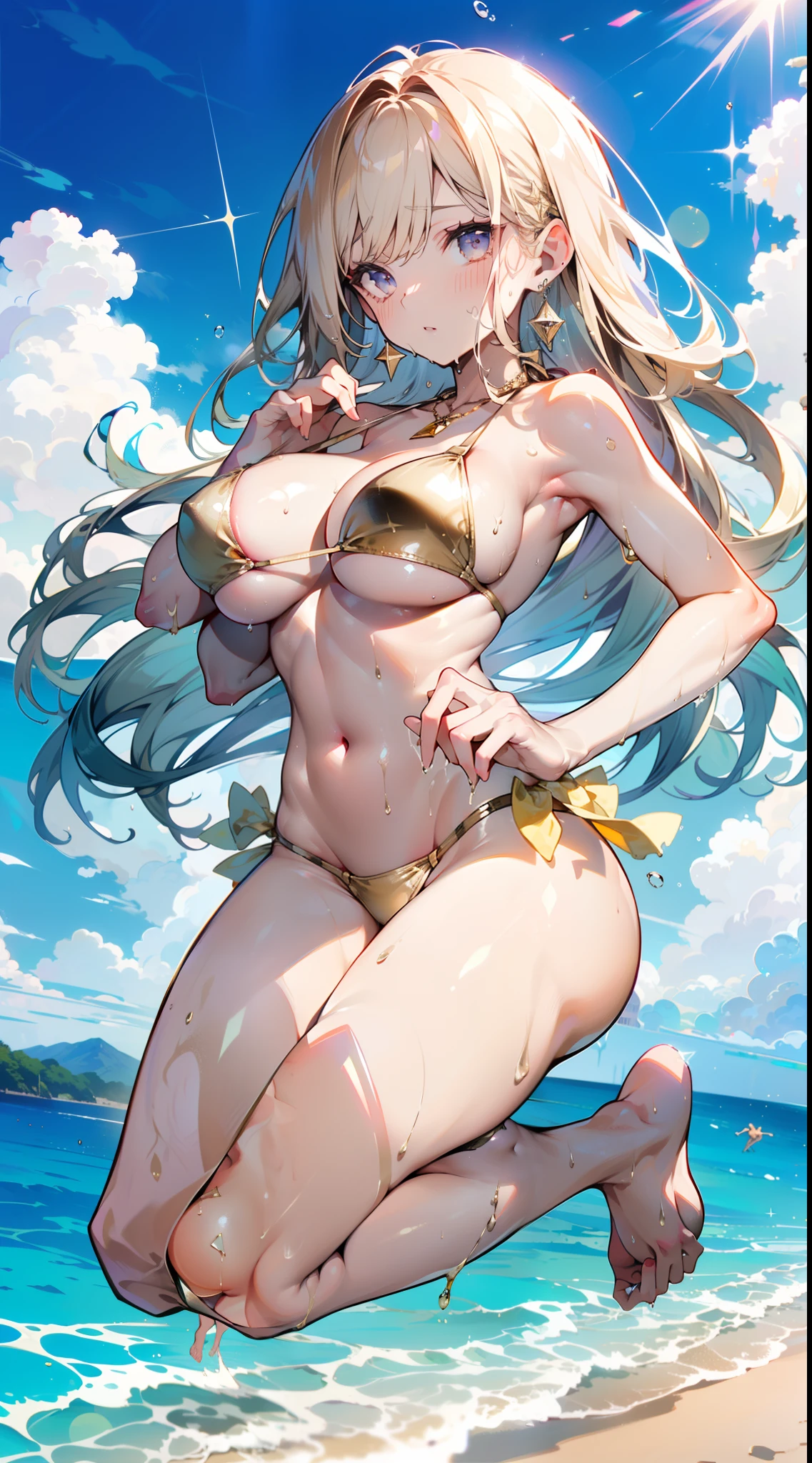 1 beauty, (Light Purple Eyeshadow),Platinum Blonde Perm Hair、(broad shoulders:1.4)、(Smaller face)、(pointed breast:1.6)、Model body type:1.2、(She jumps on both feet:1.4)、frombelow、Sharp eyes、Watery Big Eyes、(Wide-eyed and surprised face:1.2)、Wet whole body, ((Champagne Gold Bikini Swimsuit:1.4)),(wet and disheveled hair,:1.4)、(Heavy sweat on the face:1.2), Splattering splashes shine:2, fine splashes on the body、(facefocus:1.4)、(Platinum necklace and large earrings)、Sandy beach at dusk:1.4