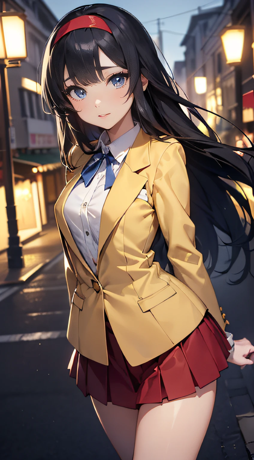 High resolution, Venice, Streets of Europe,((The long-haired:1.3)),(Black hair),Hair is straight,(Yellow headband:1.3), (Red Blazer:1.3),(Red vest:1.3),(long-sleeve:1.3),Detailed photos of beautiful women_Face, Young and handsome girl,Realistic:0.5, Perfect Skin, (hyper detailed background, Detailed background), (Very beautiful beautiful Japan woman),(Beige skirt:1.3),((small udder)),((skinny thigh)),Soft skin, High school students,Tall,Mature body,Nice big blue eyes, (High detail eyes),depth of fields),Soft light, Lens glows，looking at viewert, (drooping eyes:1.2), Straight teeth,Smile, Floating hair, Cinematic, fulcolor, 4K, 8K,  professional colorgraded, Professional Photography, Soft and clear focus, Photorealistic illumination and shadowing, (Very delicate and beautiful art)1.3, Bokeh, Elegant,Effective angle,Vitality constitutes a breakthrough eyes beautiful eyes, Princess Eyes, (Big eyes:1.3), hair between eye, (slender:1.1), (thin waist: 1.15), (Detailed beautiful girl: 1.4), Parted Lip, Full makeup, (Shiny skin), ((Perfect female body)),  Perfect Anatomy, Perfect proportions, Very cute and beautiful Japan actress face:1.3),,(blush:1.1), Gray background, solofocus, (Bust Up Shot:1.2), Cinematic Light, (Nostalgic night view:1.4), Vivid glow of neon,