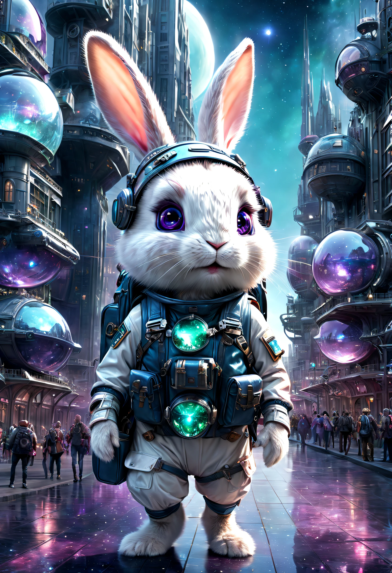 ((Best quality)), ((Masterpiece)), ((Realistic,Digital art)), (ultra - detailed),DonMC3l3st14l3xpl0r3rsXL city, An adventurous bunny in an adventurous costume, Carrying an explorer's backpack,technologies, sci-fy, Futuristic , 8K, hdr,