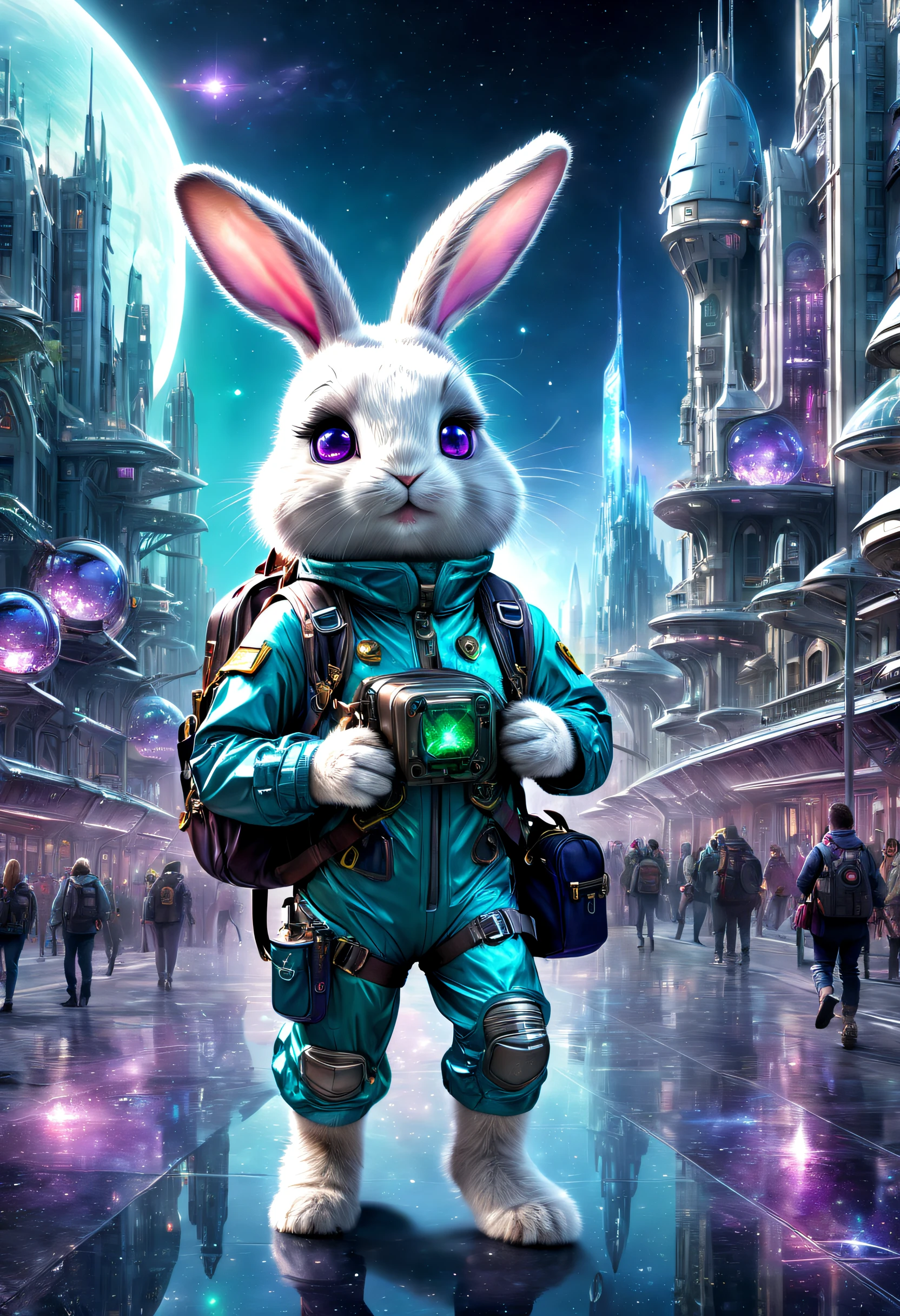 ((Best quality)), ((Masterpiece)), ((Realistic,Digital art)), (ultra - detailed),DonMC3l3st14l3xpl0r3rsXL city, An adventurous bunny in an adventurous costume, Carrying an explorer's backpack,technologies, sci-fy, Futuristic , 8K, hdr,