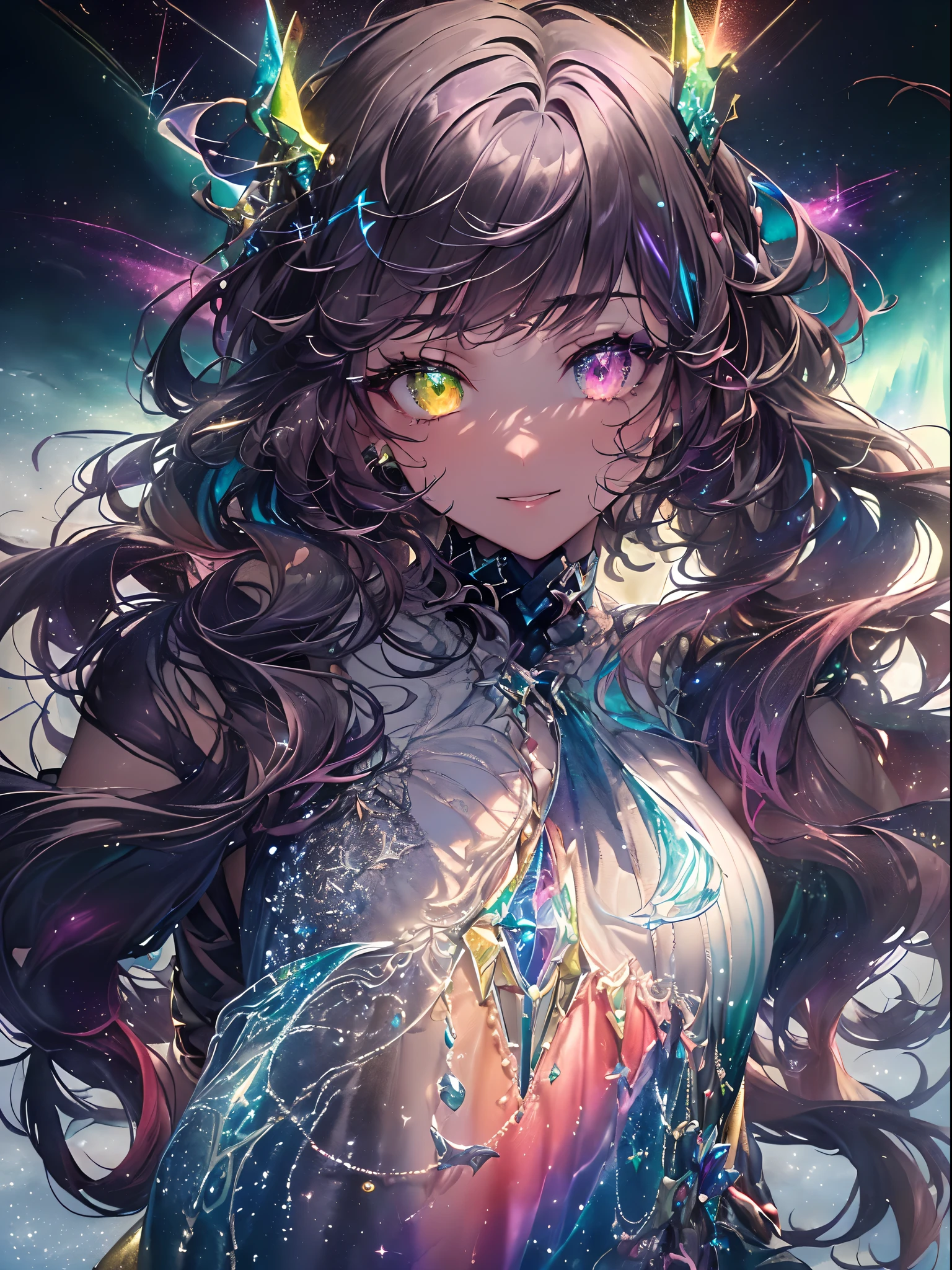 Dark Focus , (Dark gradient watercolor :1.5, Lens Flare:1.5 , Glitter :1.5), (The arms are big wings:1.5、Flying wing aircraft、Harpies in Greek mythology:1.5)、full body Esbian、monstergirl、Glow , Dreamy , Dark background、Grid illusion, Colorful, girl、(((Dark sea background:1.5,Psychic in the background:1.5))),((extremely detailed eye:1.5)),{{{Ultra 8K resolution}}},((masutepiece, of the highest quality, Beautiful and aesthetic: 1.2)),{{hyper detailed masterpiece: 1.7}}, {{Cinematic lighting}},(The hair Transparency:1.5),(dark hue:1.5,Dark Tone,Big aurora borealis background in the dark:1.5、The Darkness:1.5,Cold reflection:1.5,The edges of the object are reflected by a rainbow:1.5) 、(Golden ratio: 1.2), (Full body: 1.2), (Super Detail: 1.3), (girl with: 1.3), (Fractal Art: 1.3), {{{Glitter Pupil:1.25}}}) , ((rainbow-colored hair:1.2、colourful hair、Half blue and half red hair:1.5,Shiny hair: 1.2)), (Heterochromia), (full body Esbian), (Hyper-detailing), ((delicate detail)), (intricate-detail), ((Cinematic Light, Highest quality backlight)), High contrast, {{{The best lighting, Very delicate and beautiful}}}, (( Cinematic Light)), (ray trace reflection, Glow), (((glowing aura)), {{{Glowing hair:1.25}}}, ((Super Detail)), (8K)), ((a closeup)), ((Brown skin)), ((Seductive smile)) ,((high angle full body shot)), (Full body:1.2)、(firmament:1.5)