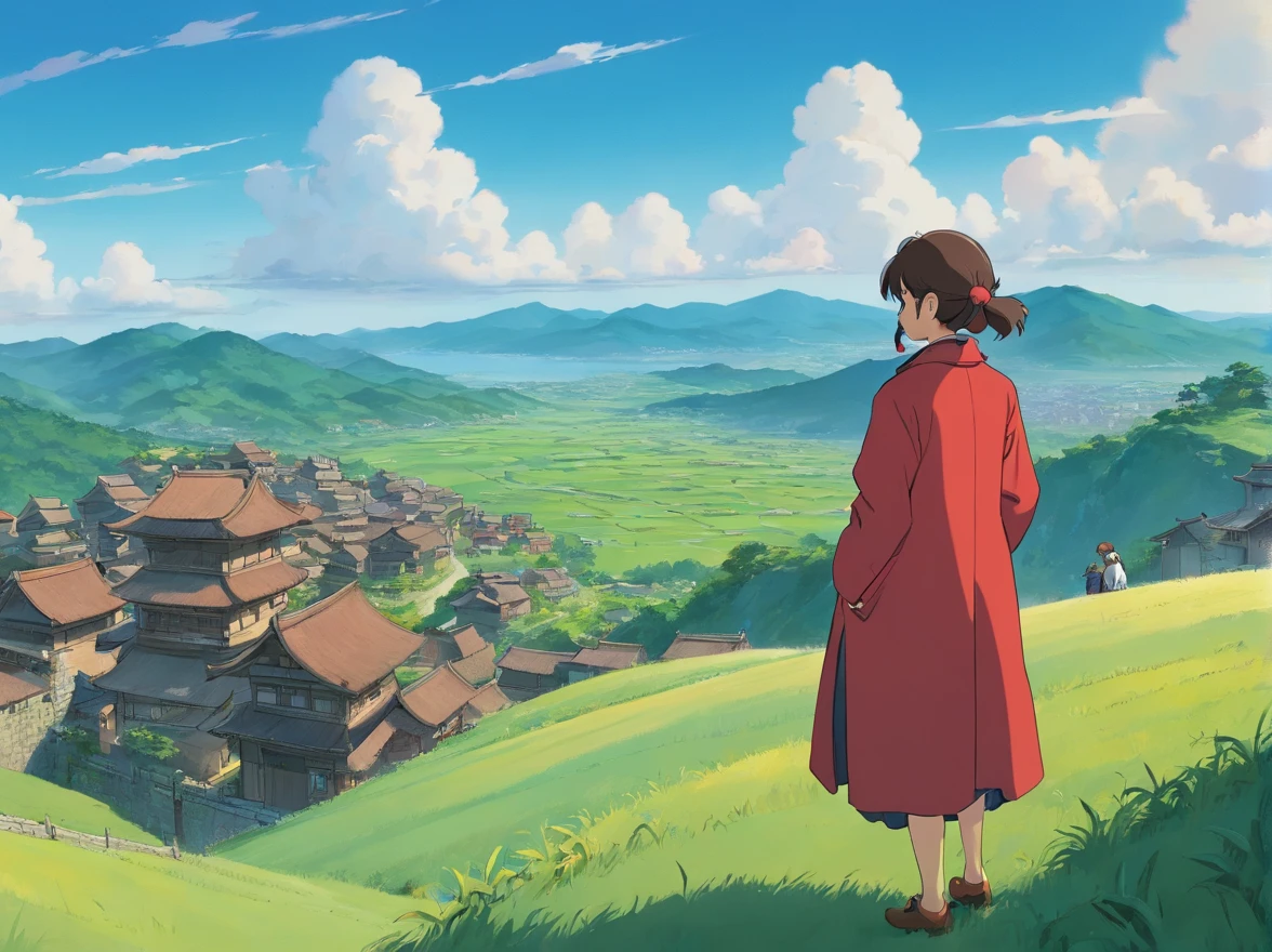 Red coat,drak,full bodyesbian,Stand on the hills,baiyun,Villages in the distance