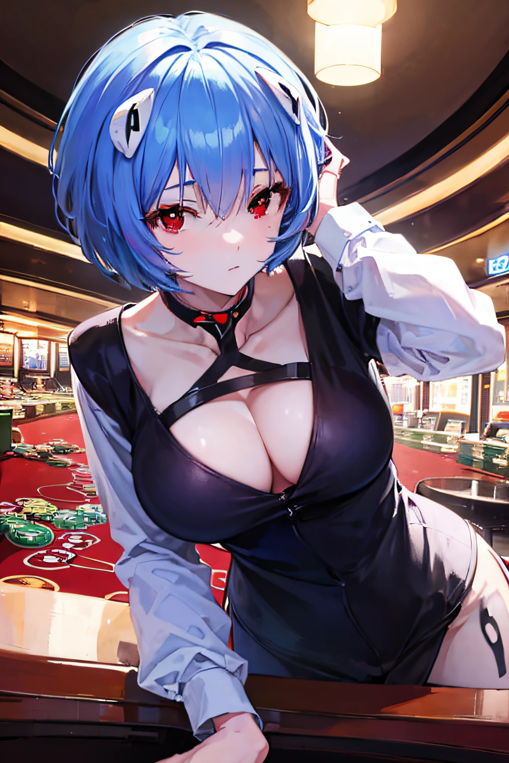 Rei Ayanami, blue hair, Short Hair Hair, (Red Eyes:1.5),At the casino,Bunny costume,NSTDA.,Skin contact,sexy pose,1 girl,bestquality,Shy face,10