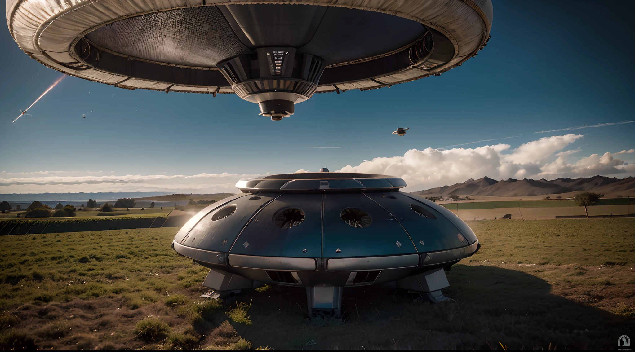 (Alien Frisbee Flies Over A Field In The Morning) VFX surrealista altamente detallado,OC renderizado,Disparo con 70 mm - AR 16:9 --q 2 --s 1000 nave espacial disco volador metalizado VFX surrealista altamente detallado 16K,OC renderizado, Cinnamatographic lighting, en el campo, se comunican con el espacio exterior y otros planetas, Cinematic Morning Lighting (cerca del suelo, por aterrizar, Frisbee Metallic Spaceship, a baja altura), (Alien Frisbee Flies Over A Field In The Morning) VFX surrealista altamente detallado,OC renderizado,Disparo con 70 mm - AR 16:9 --q 2 --s 1000 nave espacial disco volador metalizado VFX surrealista altamente detallado 16K,OC renderizado, Cinnamatographic lighting, en el campo, se comunican con el espacio exterior y otros planetas, Cinematic Morning Lighting (cerca del suelo, por aterrizar, Frisbee Metallic Spaceship, a baja altura) ((Primer plano, muy detallado el fuselaje)), ((se ve entero desde unos metros por arriba, It occupies the entire length of the photograph, Below is the field)), ((View from a top angle, va aterrizando)) ((Isometric Perspective Top Left View)), (((Very high resolution and level of detail))), (((primer plano)))