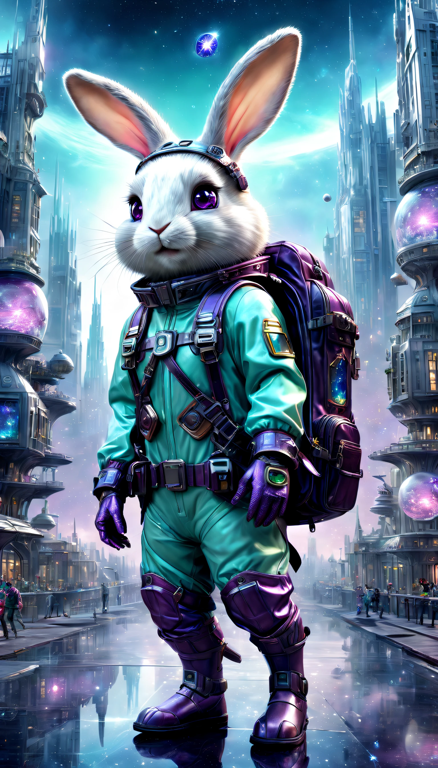 ((Best quality)), ((Masterpiece)), ((Realistic,Digital art)), (ultra - detailed),DonMC3l3st14l3xpl0r3rsXL city, An adventurous bunny in an adventurous costume, Carrying an explorer's backpack,technologies, sci-fy, Futuristic , 8K, hdr,