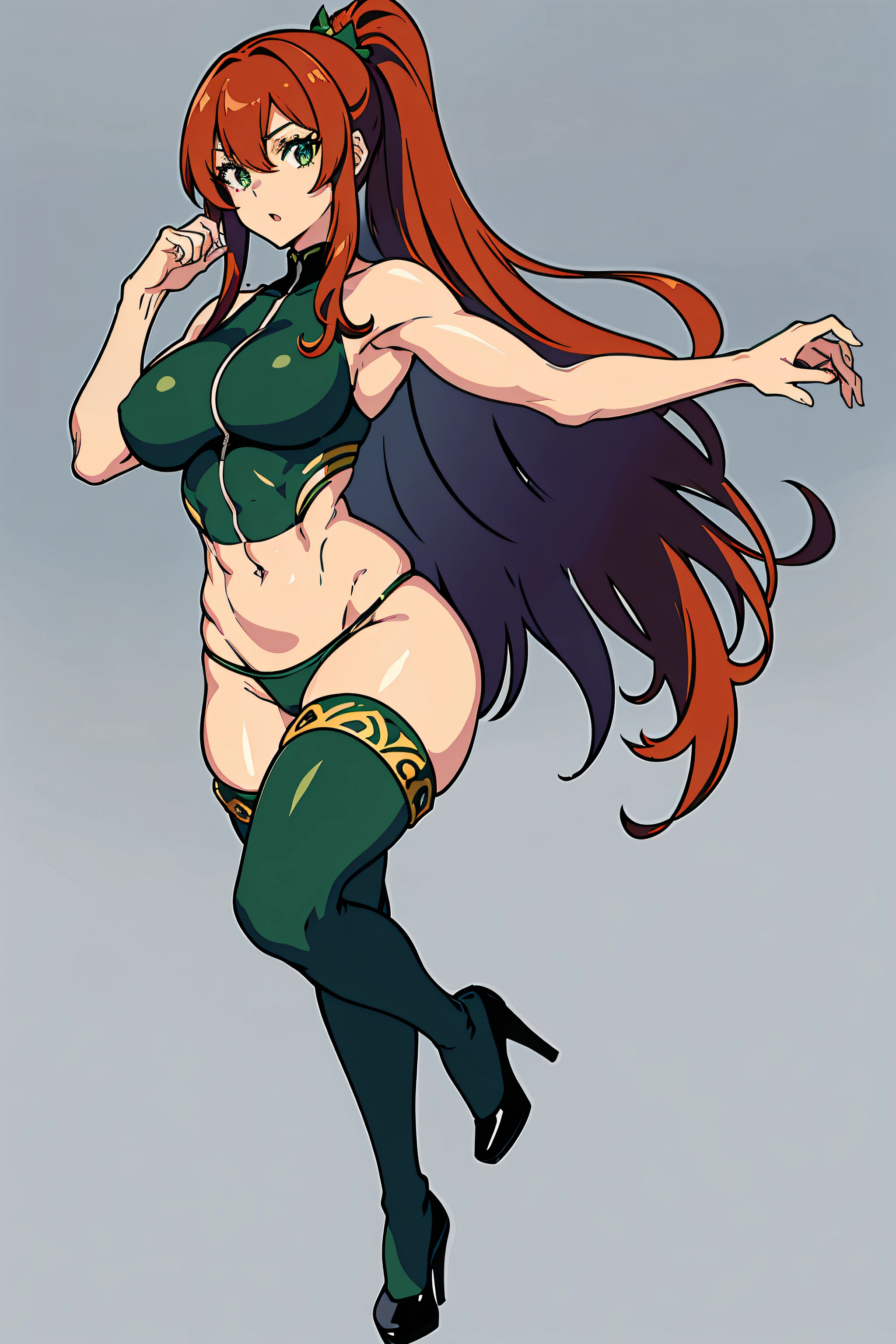 masterpiece, best quality, highly detailed, 8k, (pure grey background:1.2), anime, (2D:1.1), (1girl:1.2), 30-year-old queen, (athletic body:1.2), abs, (muscular:1.2), beautiful face, shining eyes, (long legs:1.2), red hair, big breasts, wearing green stockings, wearing green thigh boots with high heels, slender waist, tight butts, cool, opening mouth, korean idol, (full-body image:1.2), (showing off her body:1.2)