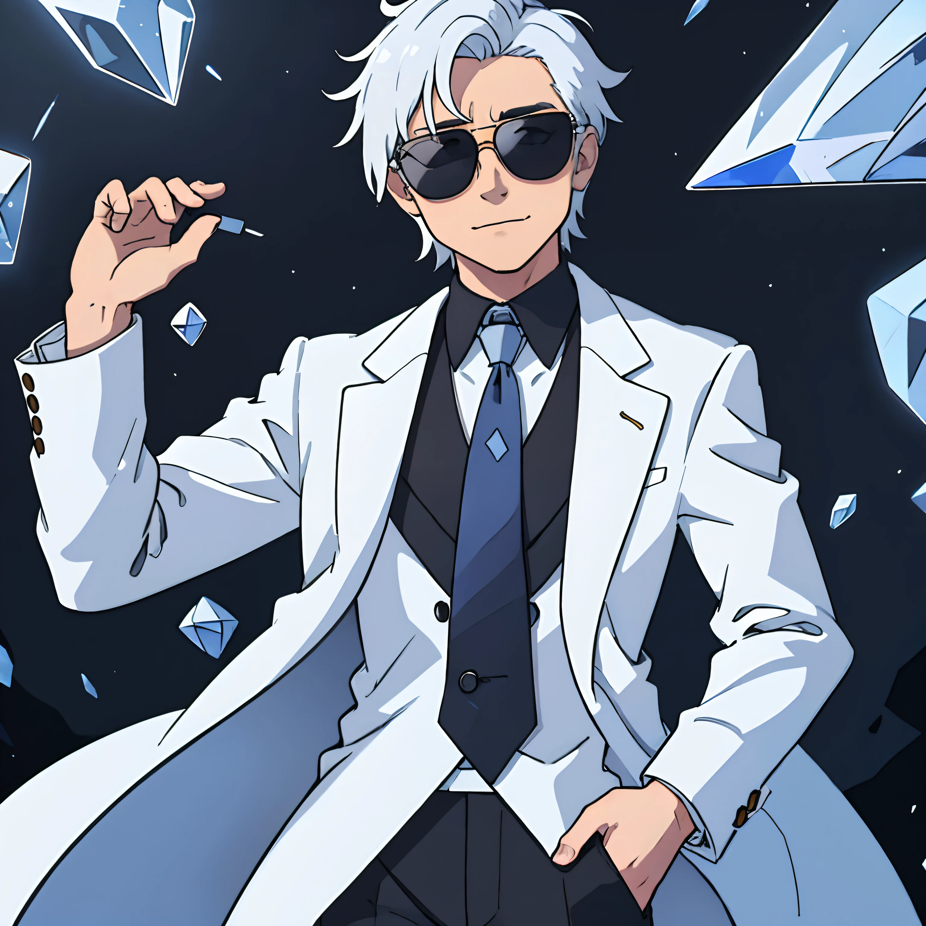 hands in his pocket, white shirt with buttons, white hair, black pants, crystals behind him, shining, smirking, sunglasses, one hand up, black coat, blue tie