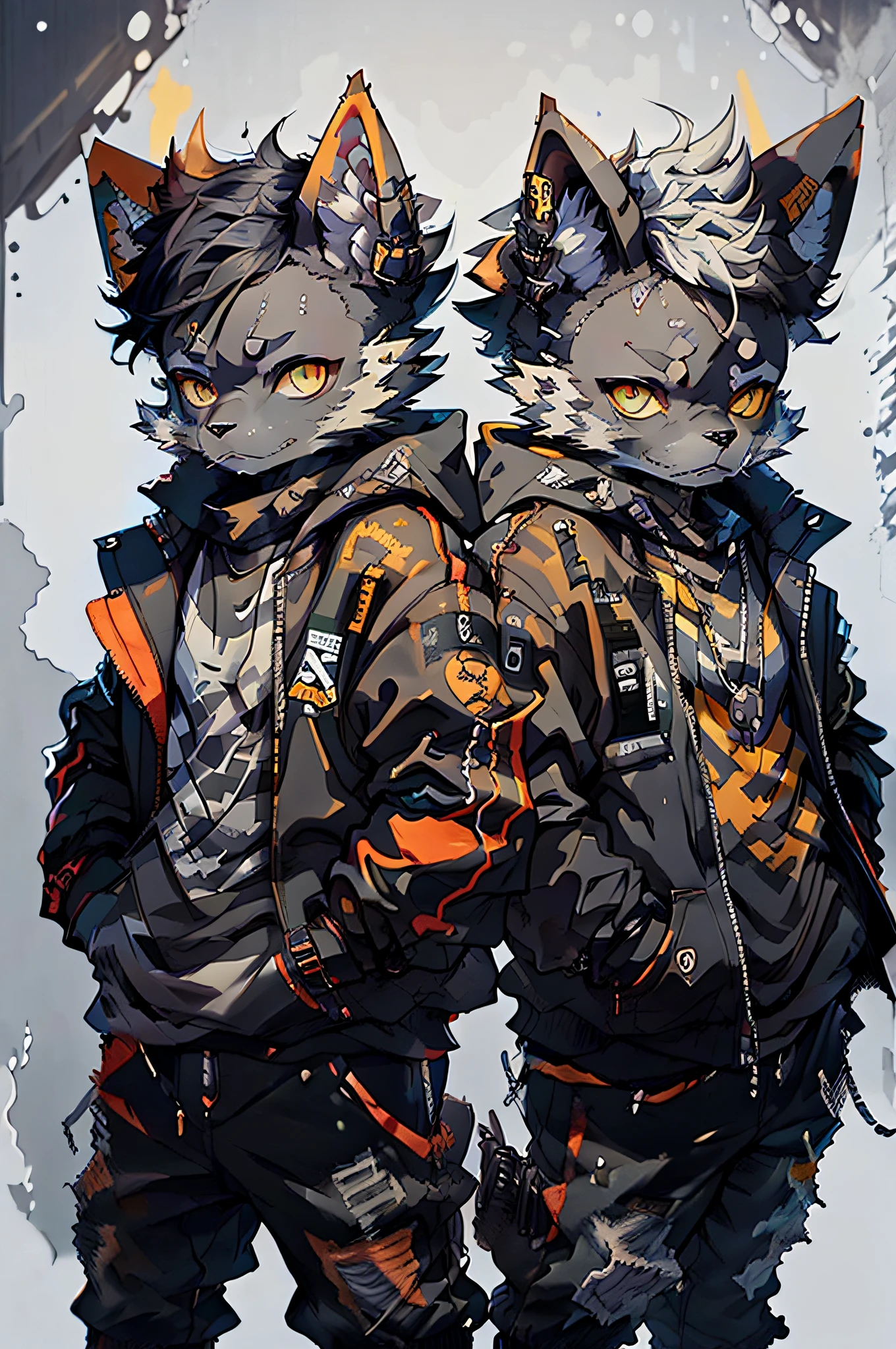 Two cool and trendy dogs looking here, Black hair, Yellow eyes, Wear trendy hip-hop clothes, Wearing a hoodie, Graphic T-shirt and ripped jeans, Lots of tattoos and piercings, Doodle style background, Highly detailed background, perfect masterpiece, High quality, High resolution