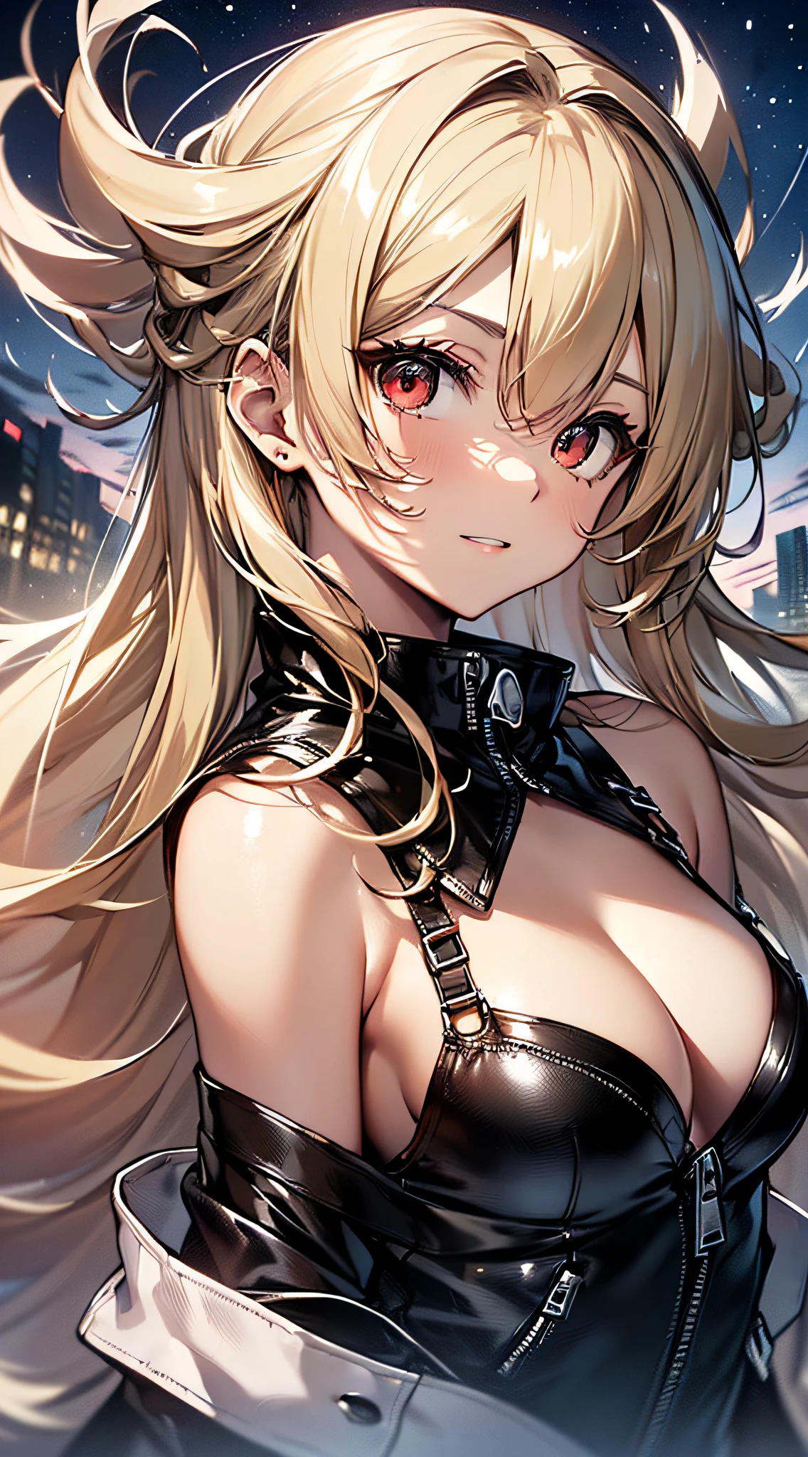 top-quality、Top image quality、masterpiece、girl with((cute little、18year old、Best Bust、Medium bust、Bust 85,Red eyes to issue、Breasts wide open,Valley、Blonde long hair、A slender、Black leather bra、Black leather jacket、White trousers、happily face、weightless、float、splatters、levitation、Reach here)hiquality、Beautiful Art、Background with((sky at night、mid air、meteors)),masutepiece、Elaborate design、visualart、depth of fields、Being in the air