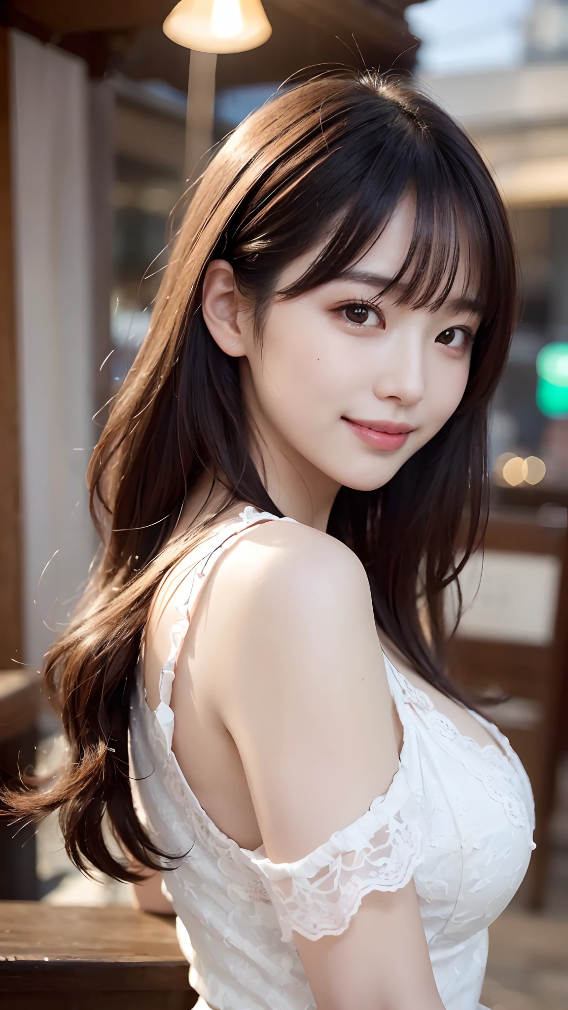 Best quality, Masterpiece, 超高分辨率, (Photorealistic:1.4), RAW photo, Seductive smile, Cute, Realistic lighting, Pink off-the-shoulders, Thoughtful, Outdoors, Long hair,