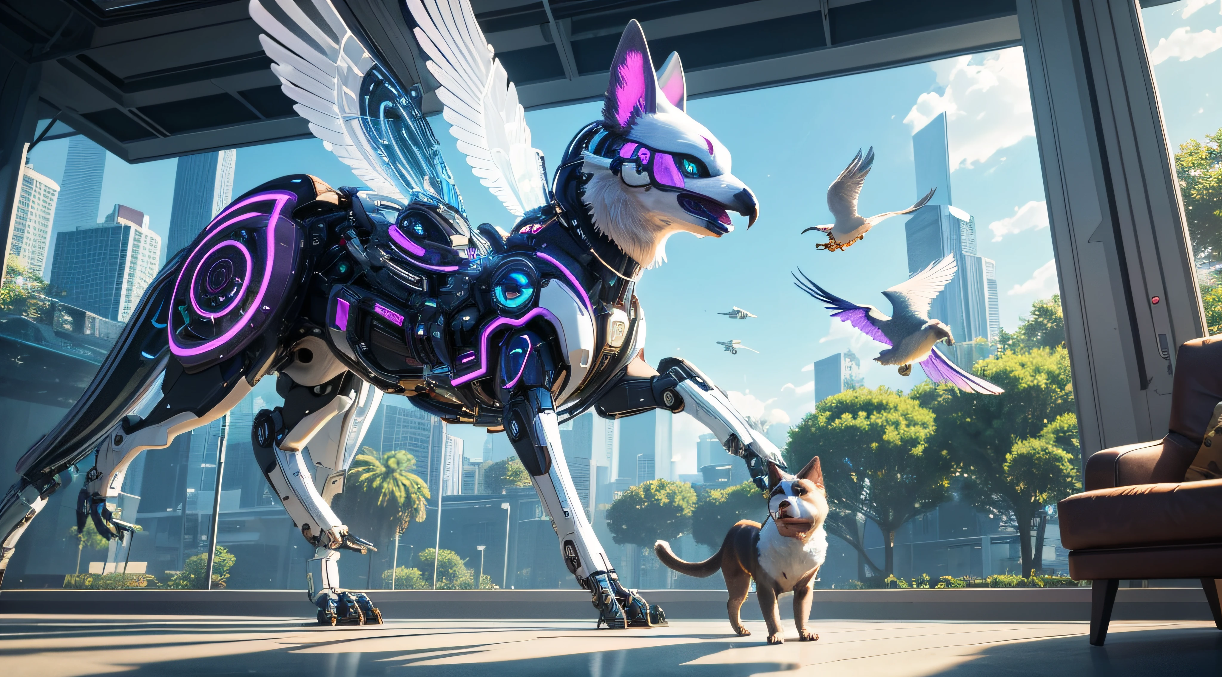 An enchanting scene where AI pets reign supreme—imagine a bustling cybernetic park filled with AI dogs chasing holographic frisbees, robotic cats gracefully lounging on levitating windowsills, and mechanical birds fluttering their wings with pixelated plumage. Amidst the artificial fauna, capture the essence of futuristic companionship, where the bond between humans and their AI pets transcends the boundaries of the ordinary. Let the colors of circuitry and the warmth of friendship blend in this AI-generated masterpiece.