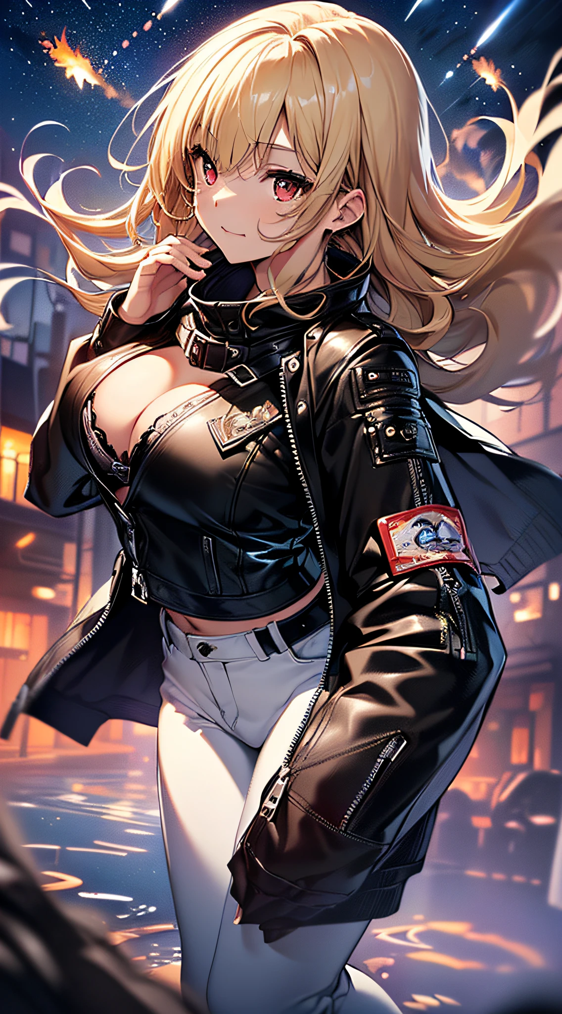 top-quality、Top image quality、​masterpiece、girl with((cute little、18year old、Best Bust、Medium bust、Bust 85,Red eyes to issue、Breasts wide open,Valley、Blonde long hair、A slender、Black leather bra、Black leather jacket、White trousers、happily face、weightless、float、splatters、levitation、Hand waving motion）hiquality、Beautiful Art、Background with((sky at night、mid air、meteors)),masutepiece、Elaborate design、visualart、depth of fields、Being in the air、Weightlessness