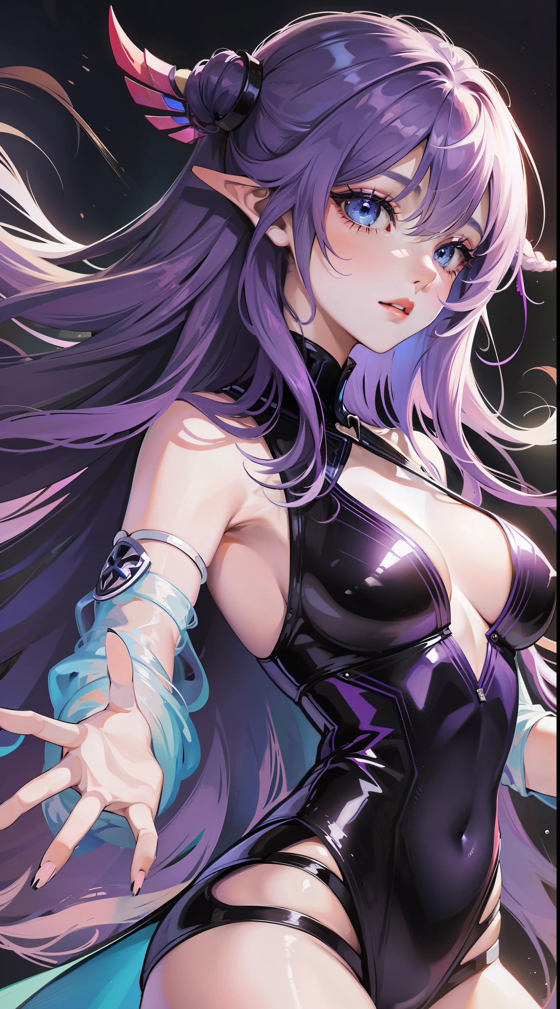 Young girl, long purple hair, blue eyes, bio-organic costume, open chest, claws, masterpiece, high quality