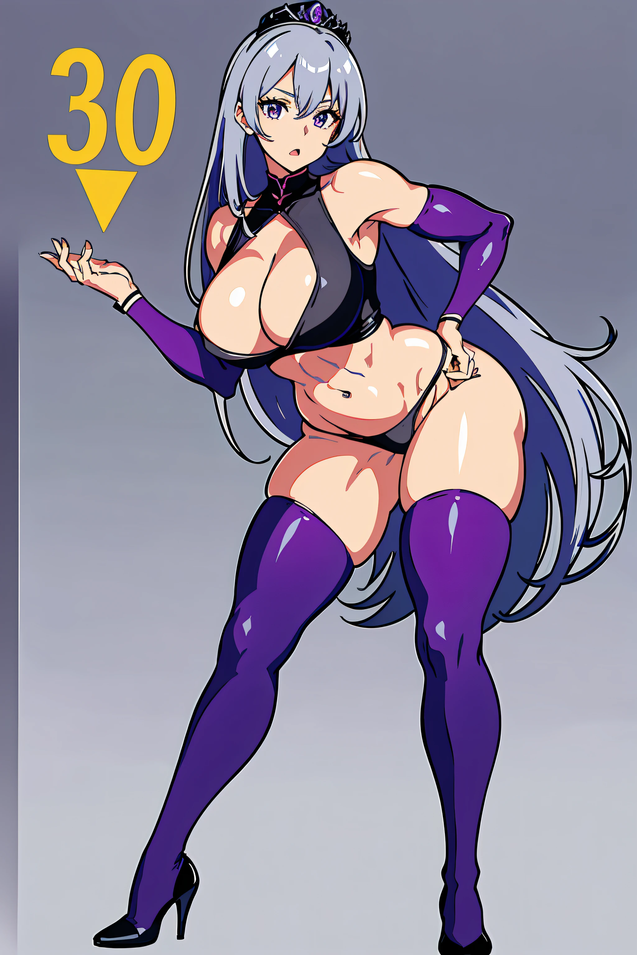 masterpiece, best quality, highly detailed, 8k, (pure grey background:1.2), anime, (2D:1.1), (1girl:1.2), 30-year-old queen, (athletic body:1.2), abs, (muscular:1.2), beautiful face, shining eyes, (long legs:1.2), purplr hair, big breasts, wearing purple stockings, wearing purple thigh boots with high heels, slender waist, tight butts, dynamic pose, opening mouth, korean idol, (full-body image:1.2), (showing off her body:1.2)