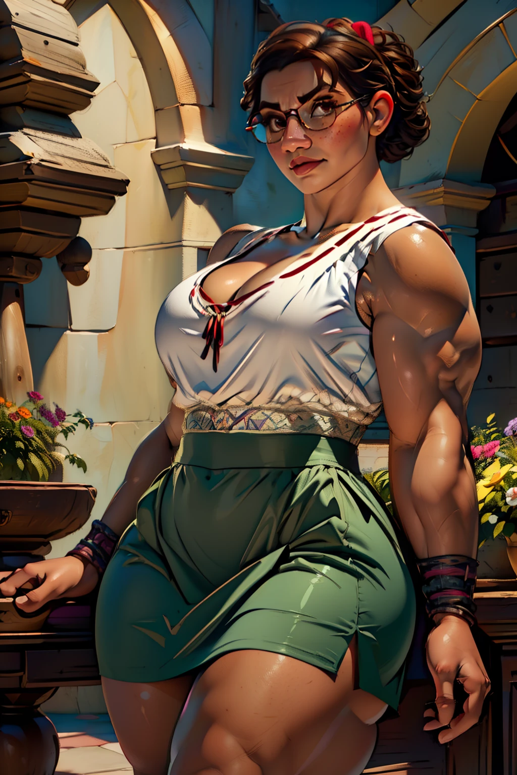 (((Luisa Madrigal from Disney's Enchanto))), toned skin, black hair, (((wearing a glasses))), ((perfect thighs)), (((sleeveless shirt))), photorealistic, ((cleavage)), masterpiece, pencil skirt, library interior, very crowded