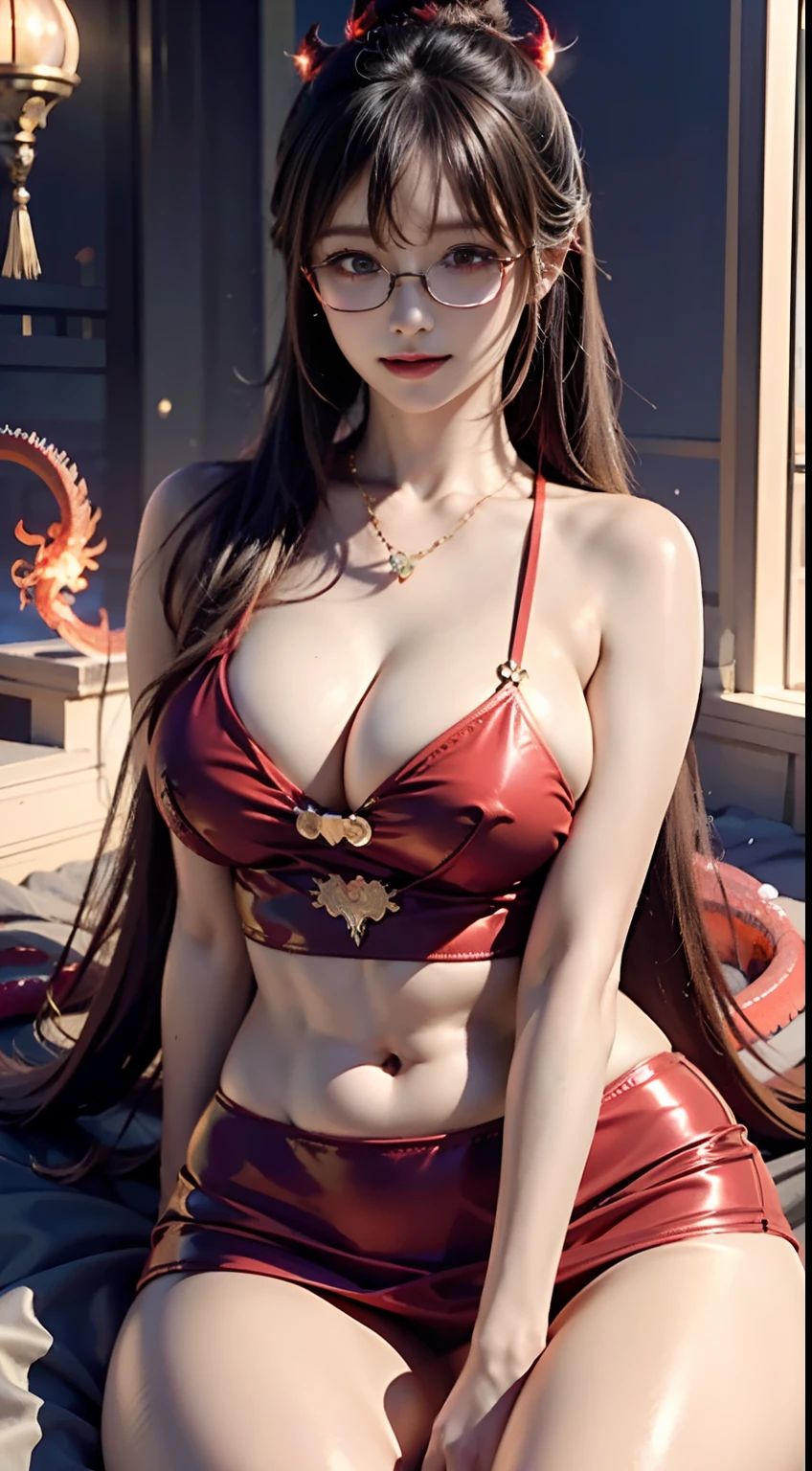Fine、(The best illustrations)、8k UHD resolution、intricate-detail、top-quality、realisitic、ultra-detailliert、The best lighting、Best Shadows、Soft lighting、Ulutra HD、Ultra-realistic、Tindall Effect、Photorealsitic、(High Detail Skins:1.2)、 (Intricate details, makeup, pureerosface_v1:0.5), (Detailed beautiful delicate face, Detailed beautiful delicate eyes, A perfectly proportioned face, High detailed skin, Detailed skin, best ratio four finger and one thumb, arms below breasts, Tattoo with a red glow under the stomach、Awesome awesome, wide hips, smooth midriff, skiny and thin, __Fashion__, __hair__:1.25)、Digital SLR、 absurderes、1 beautiful devil woman from hell, surreal female portraits by David Hockney and Alphonse Mucha, Seductive Woman、Fantasy Art, Chinese Doll、Chinese actress、Dungeon、The dragon、Devil's Palace、Devil's Torture Chamber、natta、Dark style 、In the Dark、(Detailed spooky backgrounds:0.8), magia、 1人、Evil Nun、Dark Necromancer、Succubus、Devil's Daughter、Umi Shinonome、Bat Wings,(((Demon Horns)))、 ((((Huge glasses, Otaku Glasses, thick glasses, Round glasses)))),(((Colossal tits)))、(Devil's Tail)、(red eyes glowing:1.6)、red eyes make up very sharp and detailed, The eyes are very well made up, ((Red Eye:1.0)),intricate tattoos, demonic intricate tattoos, thigh tattoos, body tattoos, masterpiece、The most beautiful face、a baby face、Charming smile、plump beautiful red lips、Muscular seductive body、The enchanting body of the devil、devil style、Seductive Black Magic Costume、(((A shiny red snake is wrapped around her body)))、The long-haired、Braids、Black hair、Ponytail distortion、, Ponytail with a bow tied at the back of the hair, Beautiful expression、Body Up、Large breasts emphasis、Bust, Super tight breasts, Breast augmentation surgery, The breasts are very big and round and round,Toned waist、Wide buttocks、 lowkey, cowboy lens, (red phoenix dress: 1.0), devil crown, Red sparkling gemstone necklace、Jewelry Gwise, wearing black mesh socks,wearing a thin red and black robe, H