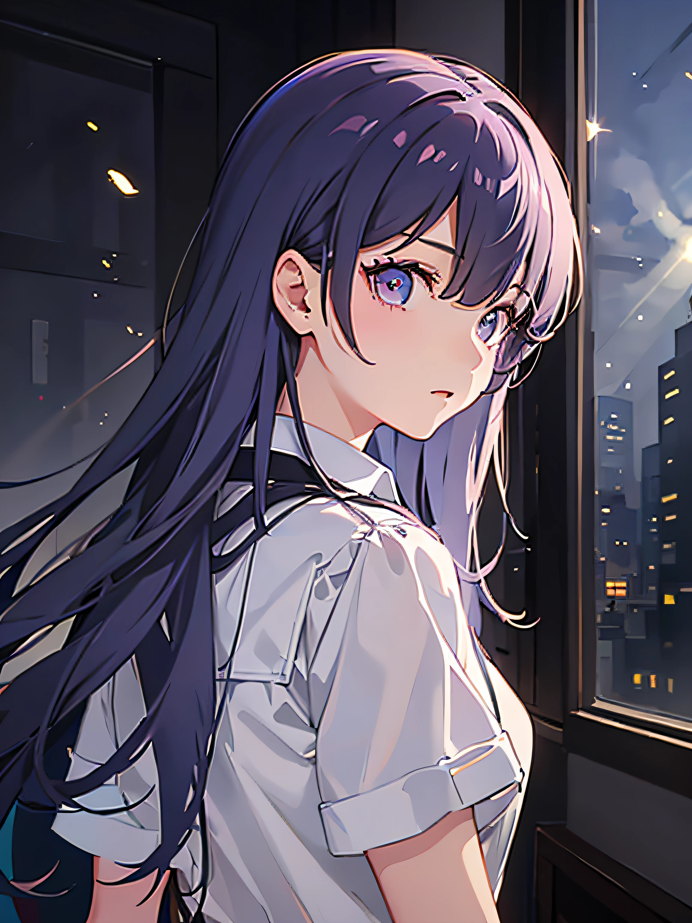 hight resolution、top-quality、illustratio、Movie Light、extra detailed face、(Fine eyes)、The highest image quality、Hyper-detailing、tmasterpiece、(Fine face)、1girl in、girl with、whaite hair、Purple Eye、highest details、Glowing eyes、Moderate breathing、nigh sky、The light from the back window is backlighted、llight rays、(highly contrast)、(Farbe),