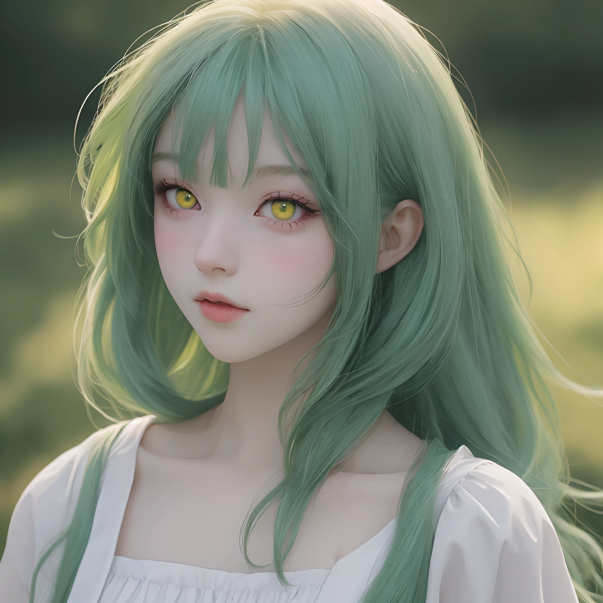 Female, long green hair, yellow eyes, chubby, pale skin, 90's anime style