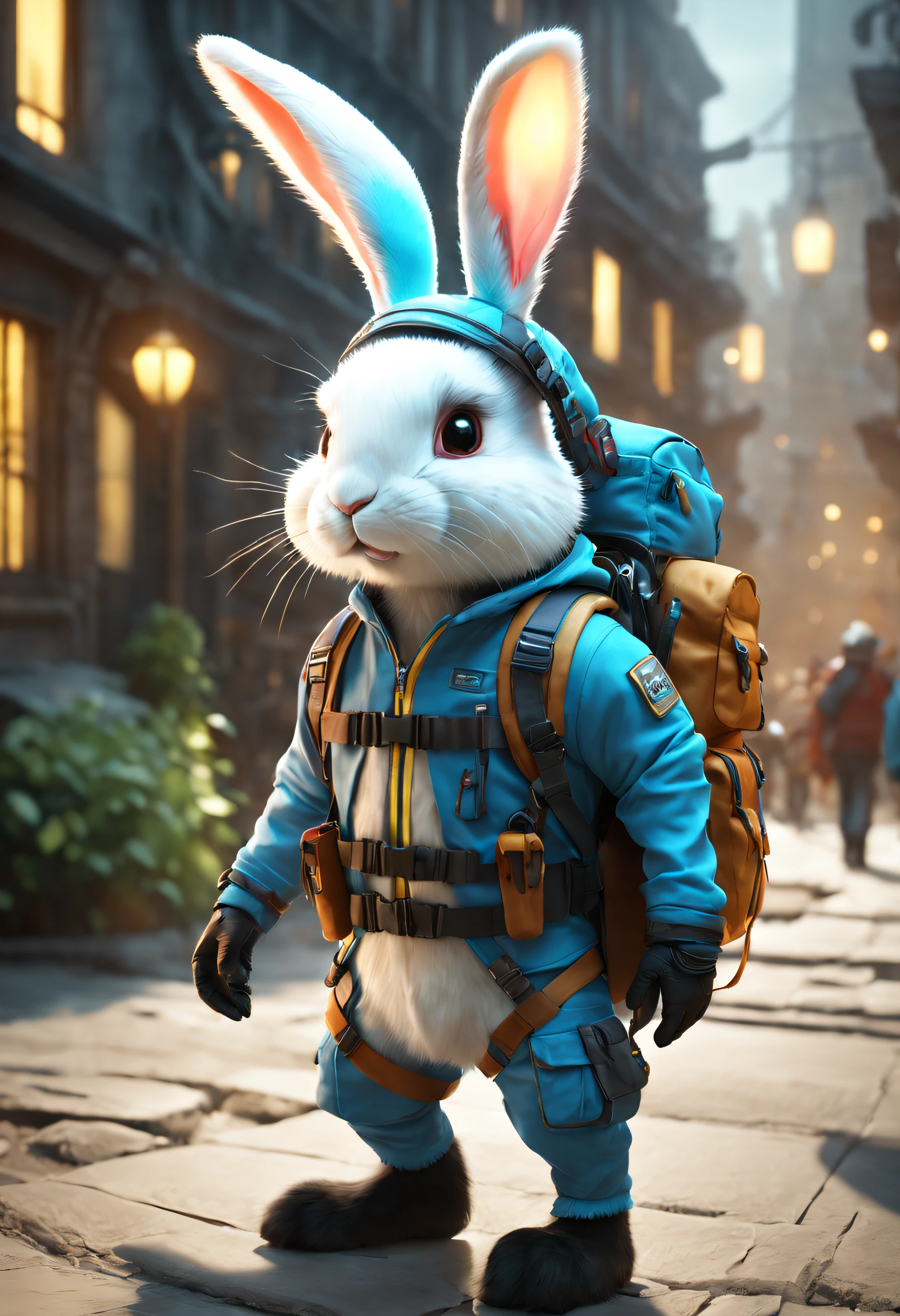 ((Best quality)), ((Masterpiece)), ((Realistic,Digital art)), (ultra - detailed),DonMBl00mingF41ryXL UraniumTechAI An adventurous bunny in an adventurous costume, Carrying an explorer's backpack, , Octane rendering, Ray traching, voluminetric lighting, The light from the back window is backlighted,rim lit, 8K, hdr,