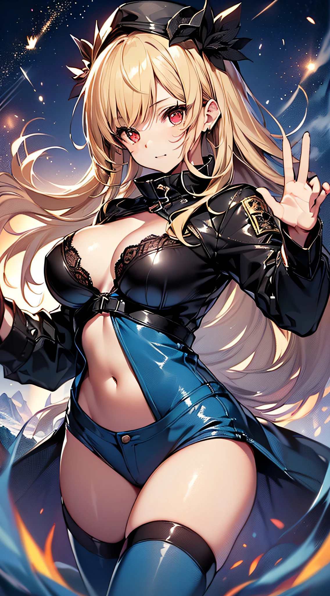 top-quality、Top image quality、masterpiece、girl with((cute little、18year old、Best Bust、Medium bust、Bust 85,Red eyes to issue、Breasts wide open,Valley、Blonde long hair、A slender、Black leather bra、Blue pants、happily face、weightless、float、splatters、levitation、Hand waving motion)hiquality、Beautiful Art、Background with((sky at night、mid air、meteors)),masutepiece、Elaborate design、visualart、depth of fields、Being in the air、weightless